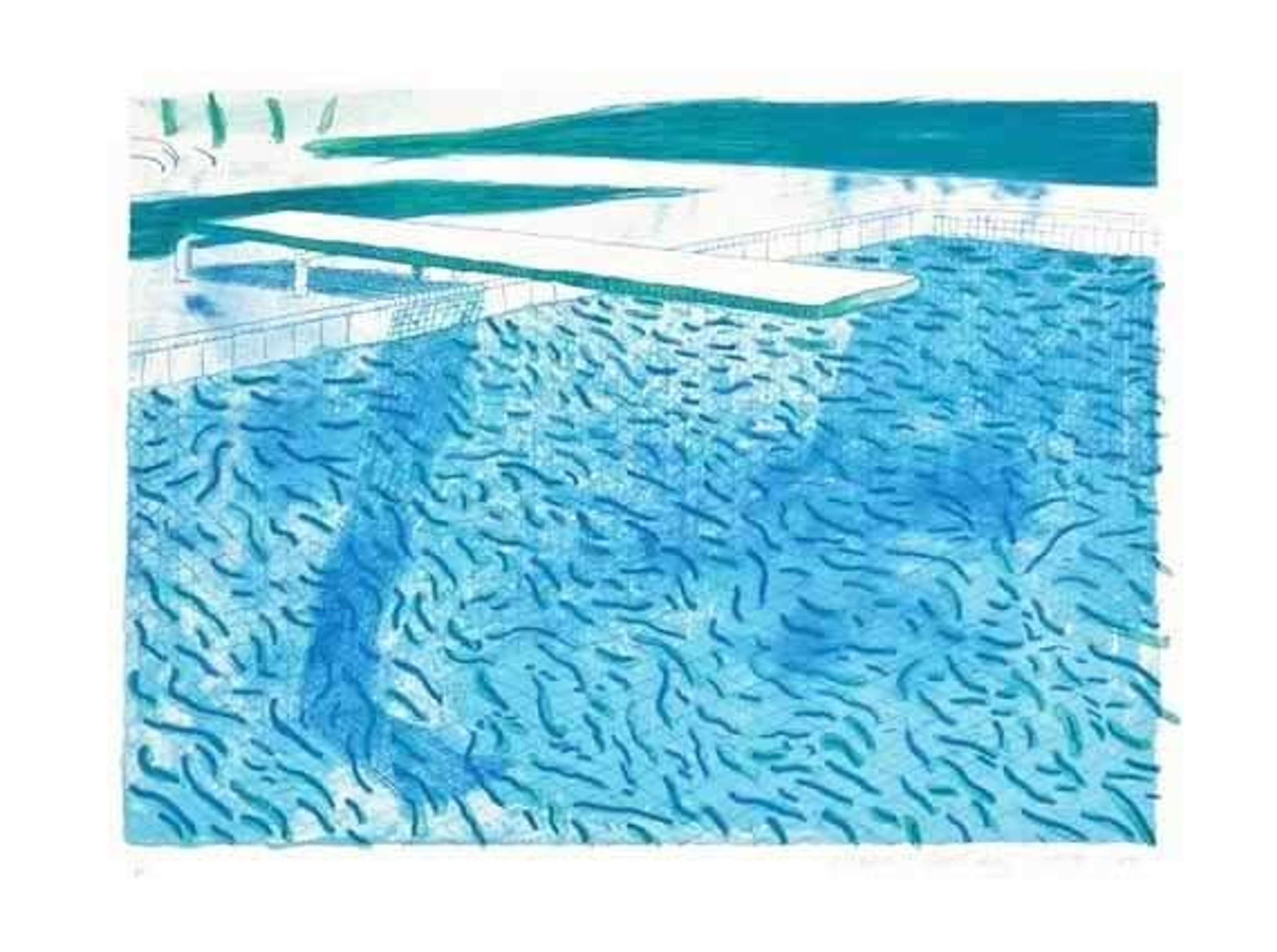 Lithograph of water made of thick and thin lines, a green wash, a light blue wash and a dark blue wash by David Hockney