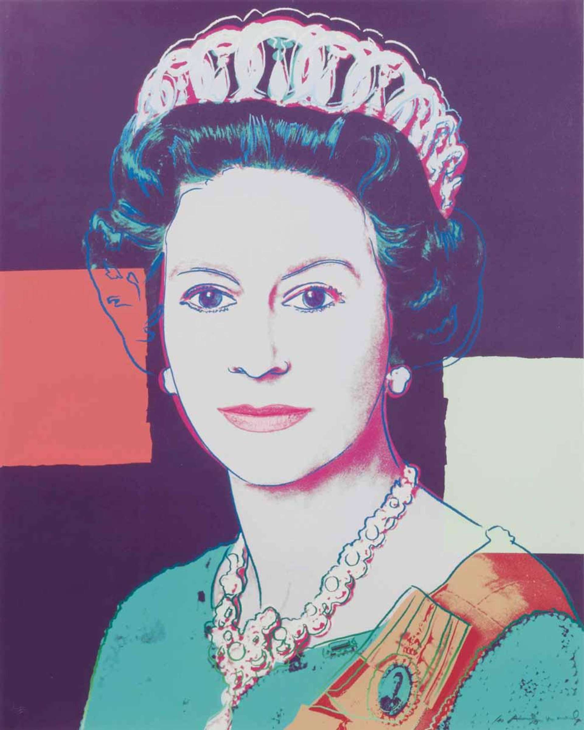 Queen Elizabeth II of the United Kingdom outfitted in royal regalia for her official portrait. Set against an aubergine purple background, with collaged blocks in orange and white reaching towards the Queen's portrait.