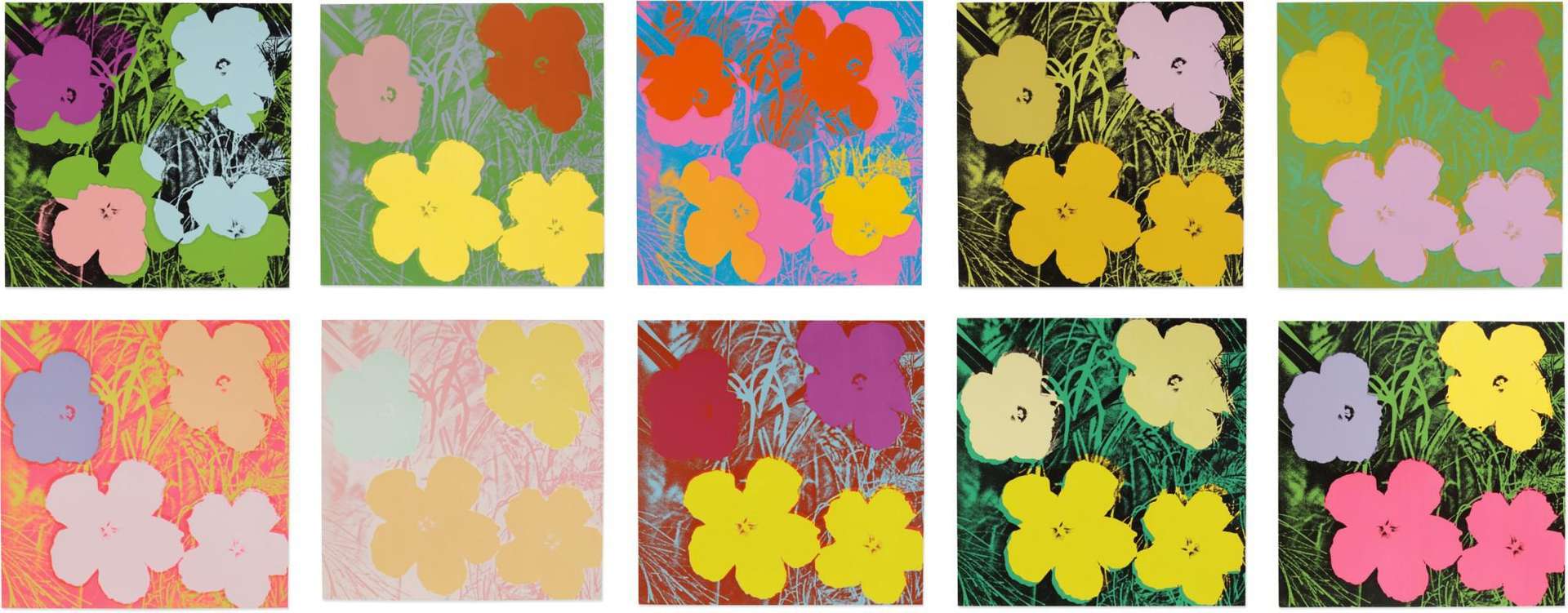 A complete set of Warhol's Flowers screen prints, depicting the same composition of four flowers against a grass background in various colour ways.