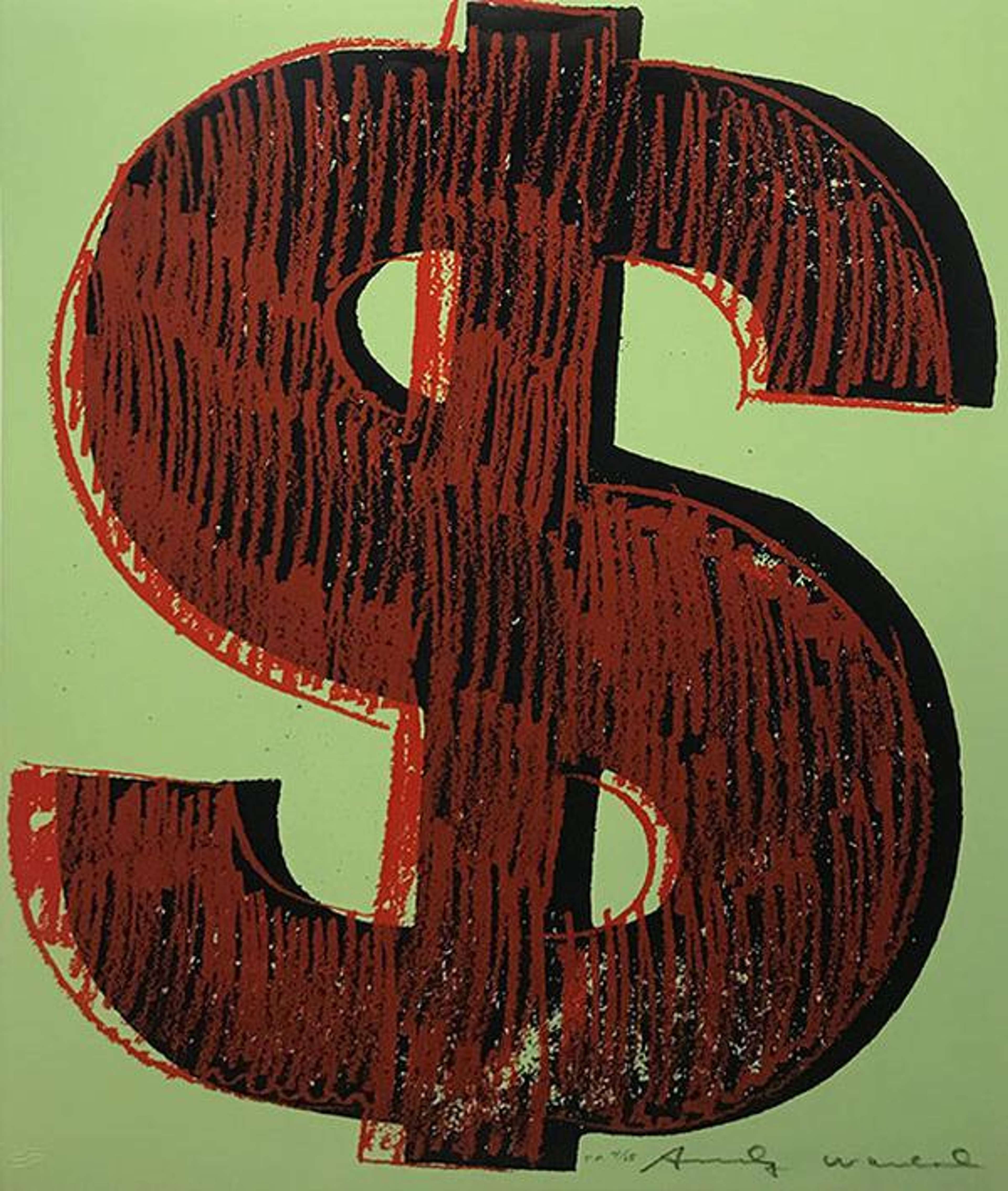 A dollar sign fills the composition against a light green background. The dollar sign is printed in two layers: the bottom is a graphic black, and the top layer is rendered in painterly striations. The artist's signature appears in the bottom right corner of the screen print.