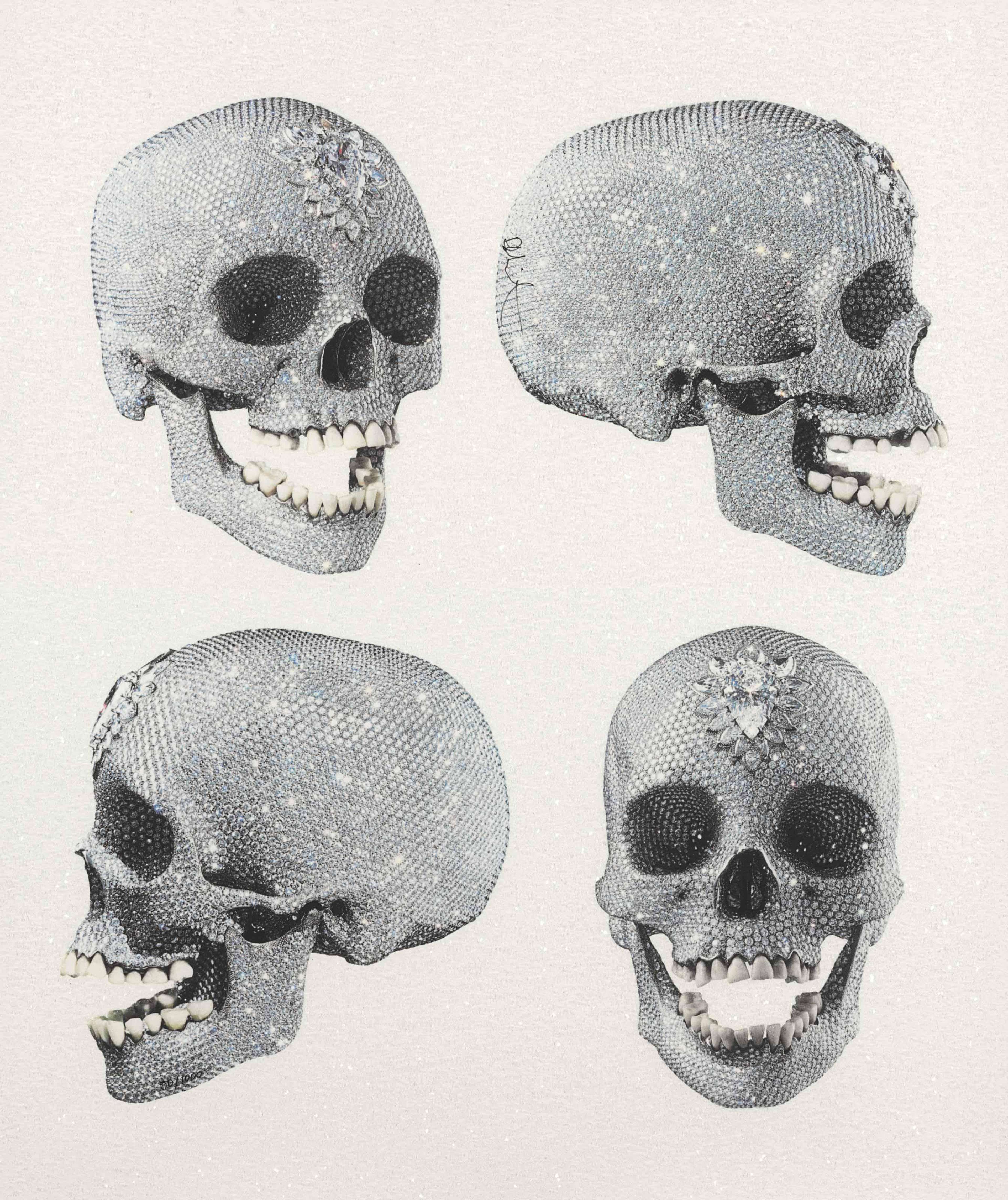 Four diamond encrusted skulls against a white background.