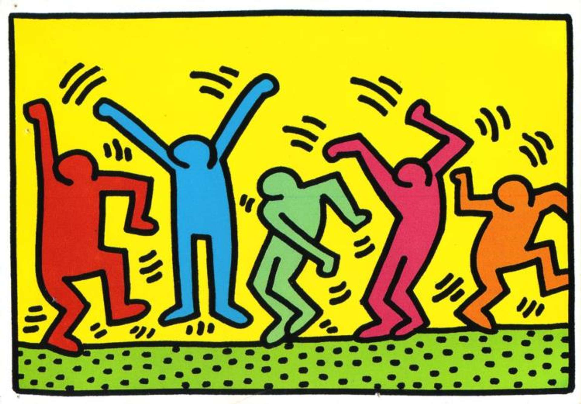 Keith Haring’s Untitled (Dance). A Pop Art style painting with 5 dancing figures. One red, blue, green, pink, and orange. They’re moving in front of a yellow background and green floor with black polka dots.