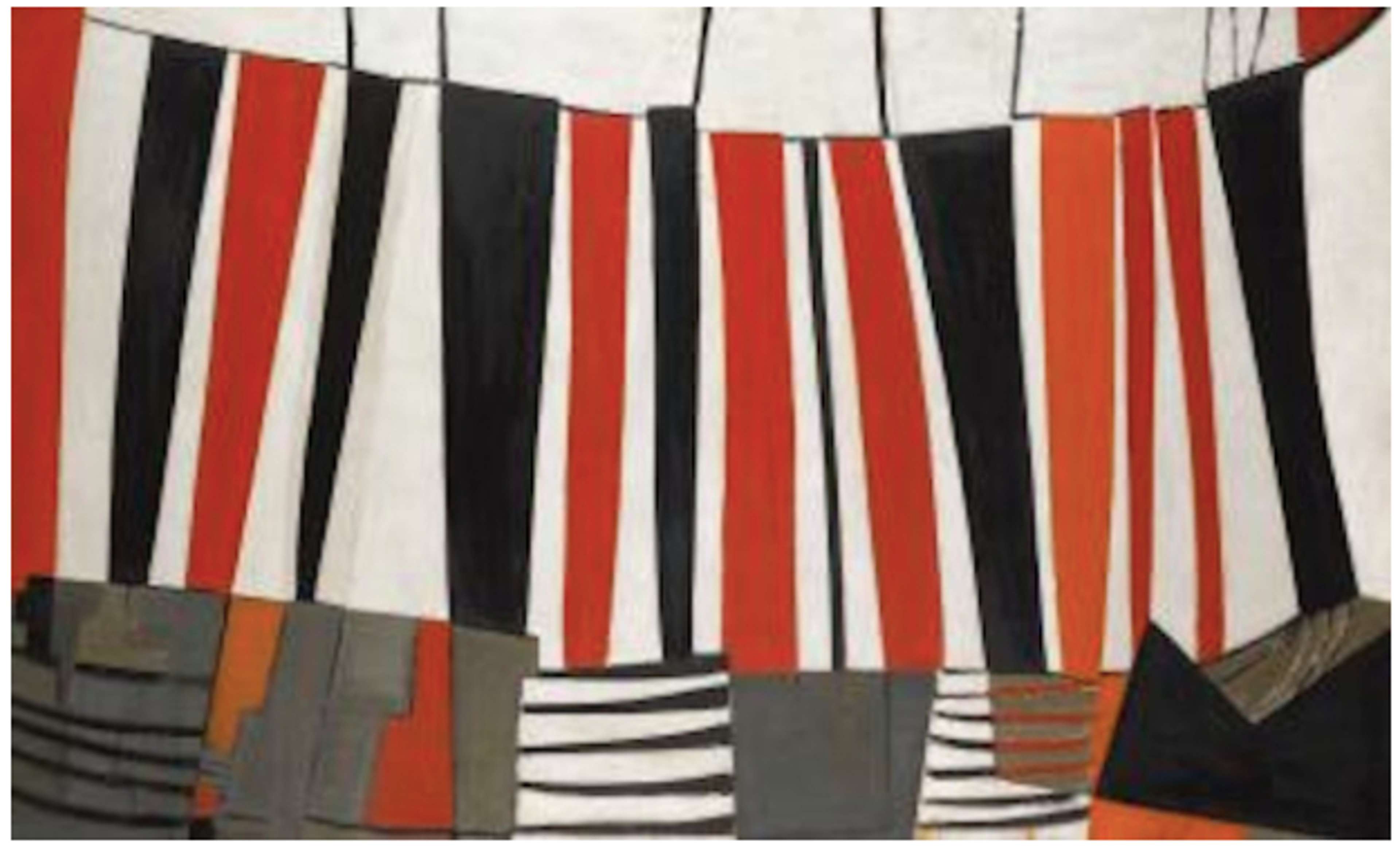 An abstract painting consisting of vertical lines in red, white, and black. The composition is divided by three horizontal sections. The top section features white with thin black lines resembling teeth, while the bottom section is a mix of abstracted vertical and horizontal lines in shades of grey, orange, and red.