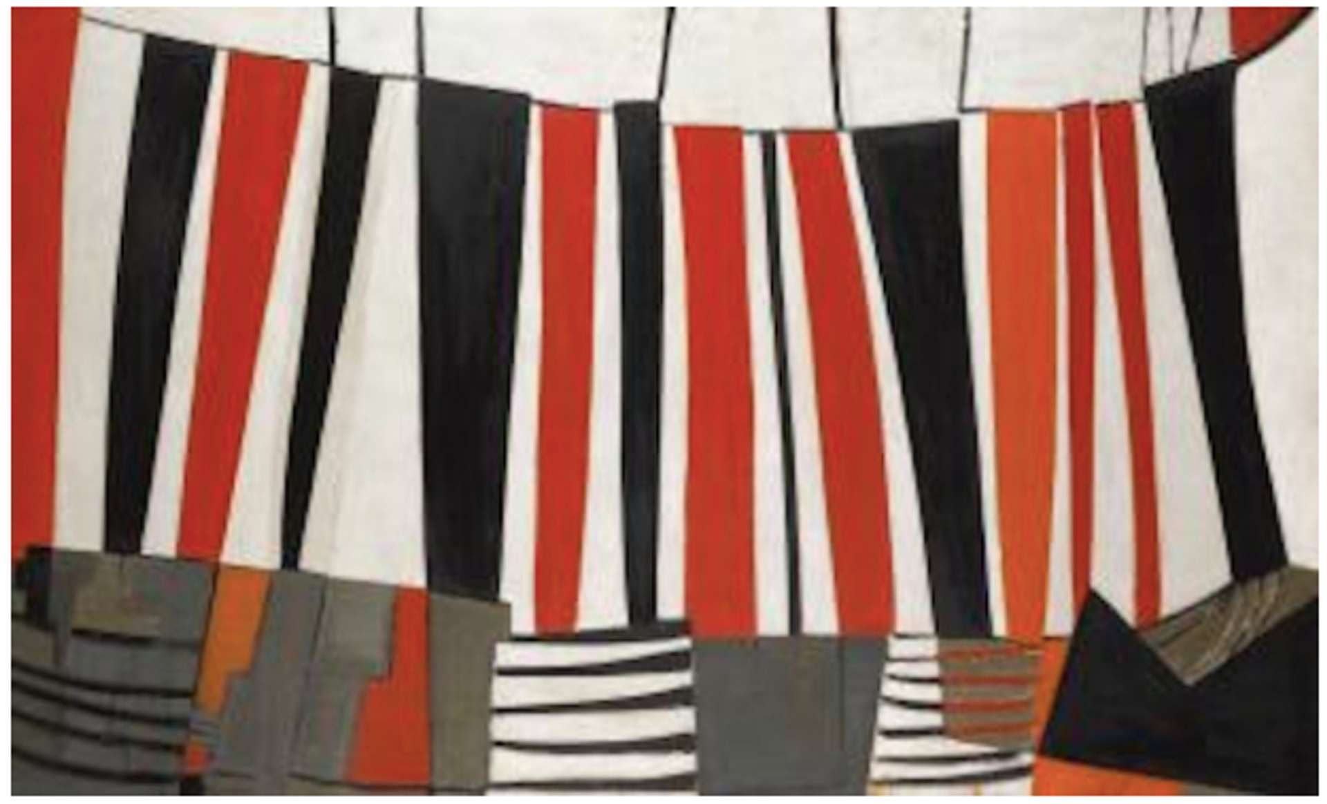 An abstract painting consisting of vertical lines in red, white, and black. The composition is divided by three horizontal sections. The top section features white with thin black lines resembling teeth, while the bottom section is a mix of abstracted vertical and horizontal lines in shades of grey, orange, and red.