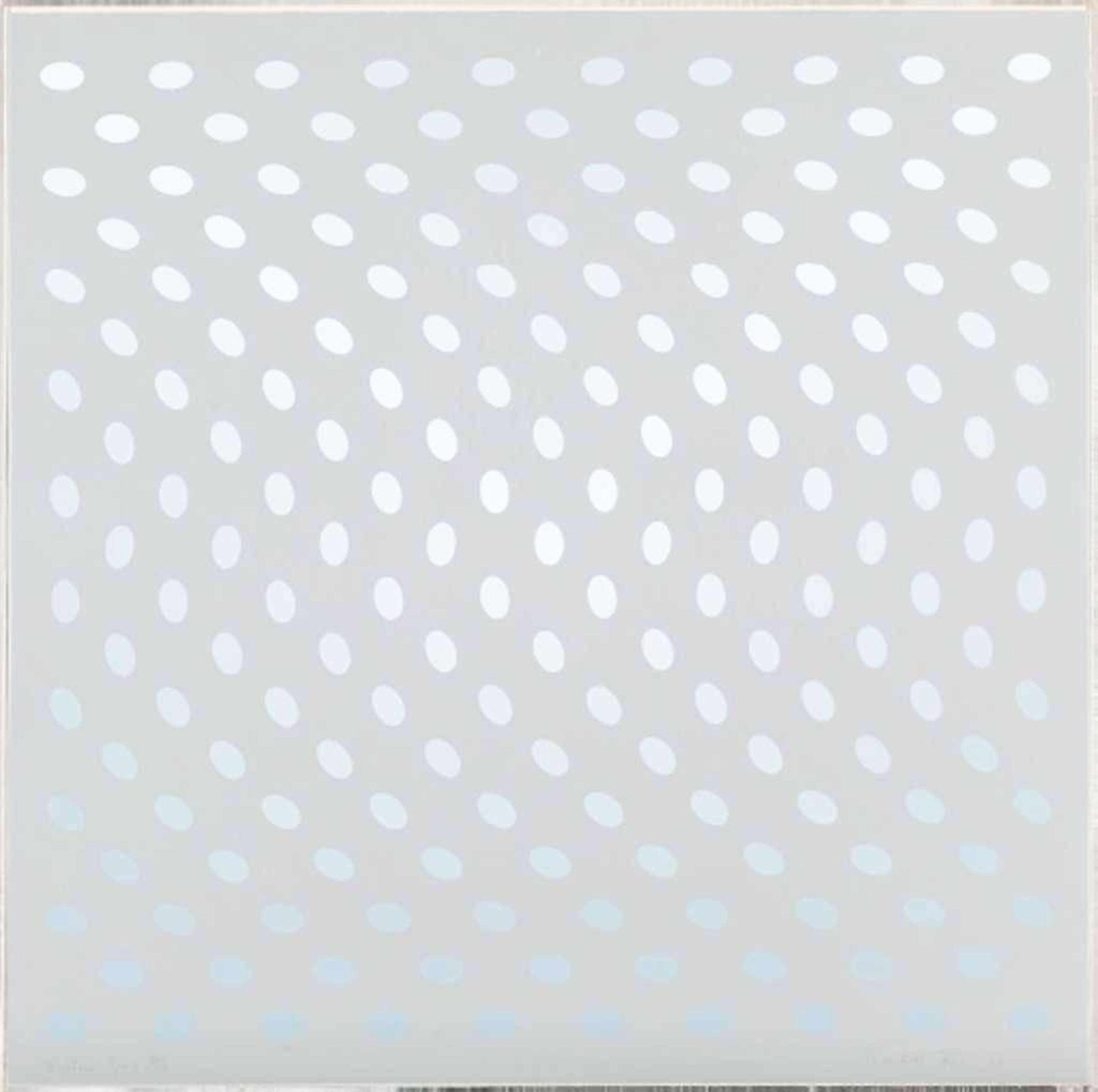 Bridget Riley’s Nineteen Greys A. An optical illusion screenprint of silver dots against a white background. 
