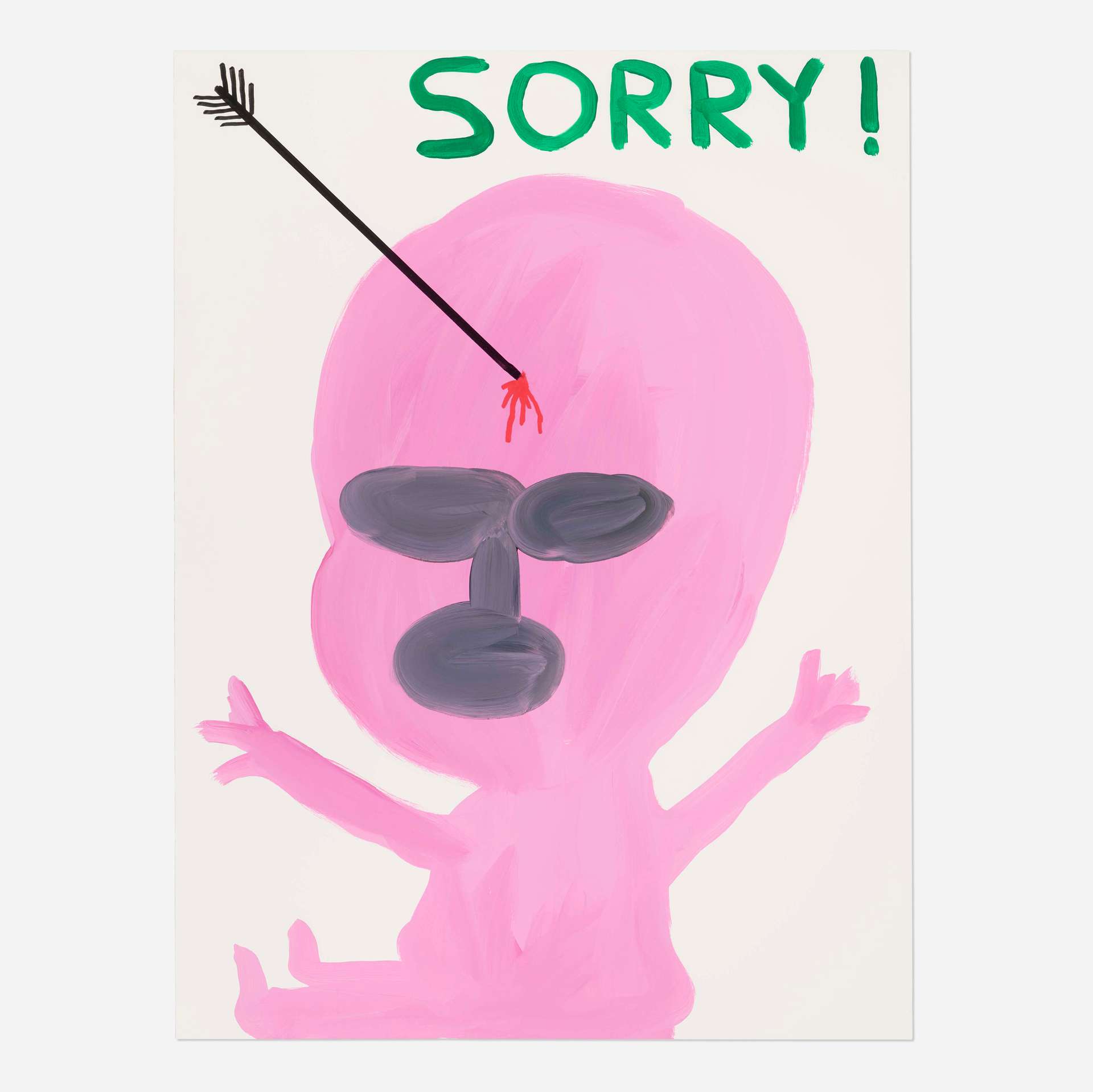 A print of David Shrigley’s Sorry! A pink infant looking figure with its hands extended out. There is an arrow in the middle of the figure’s head with a small amount of blood dripping. Above the figure reads the text “Sorry!”