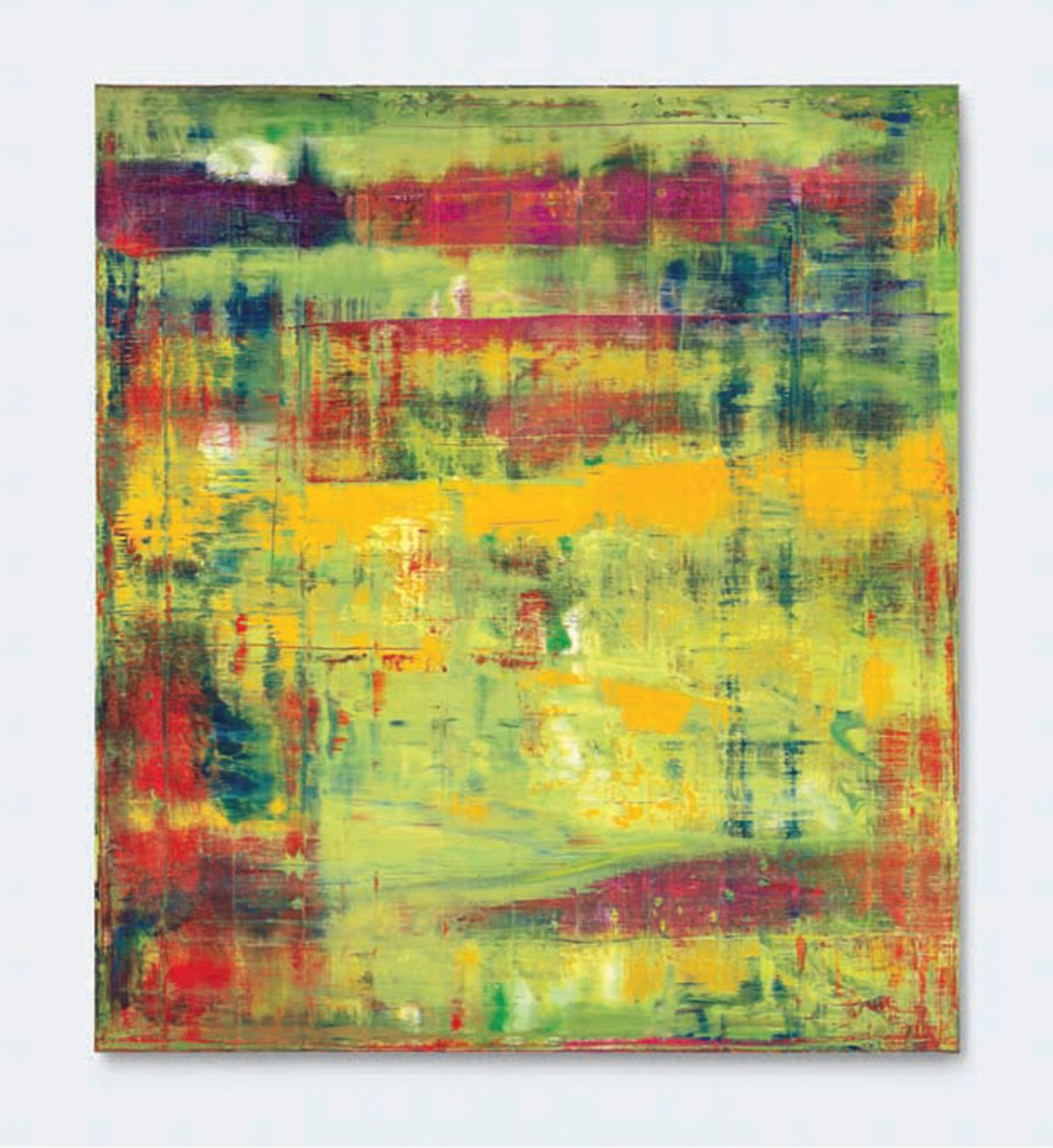 Abstract painting by Gerhard Richter, depicting overlapping, textural layers of yellow, light green, red, and deep blue. 