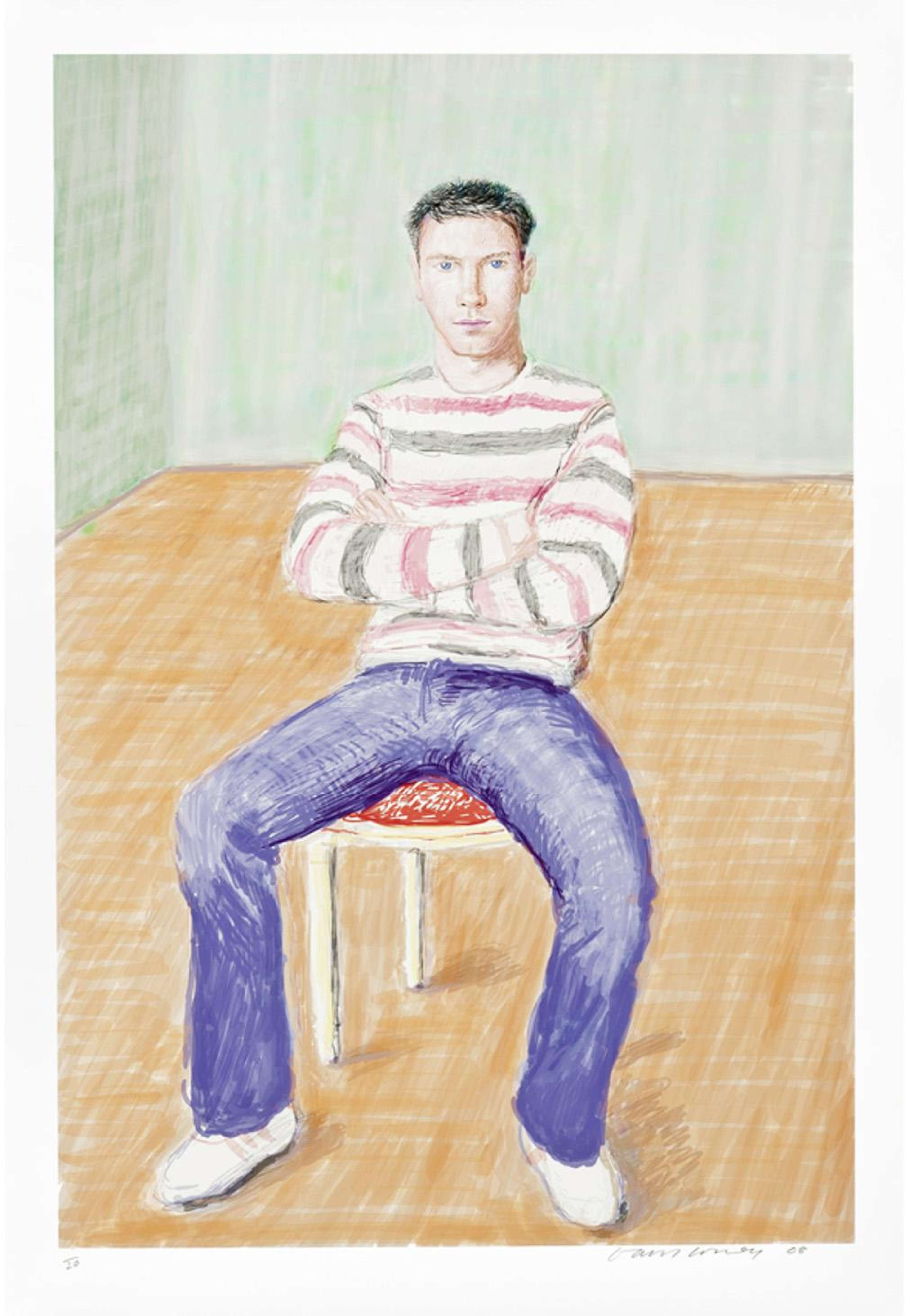 A digital print by David Hockney depicting a man wearing jeans and a striped long sleeve t-shirt, arms folded and gazing directly out at the viewer, sitting on a chair in a room with green walls and a wooden floor