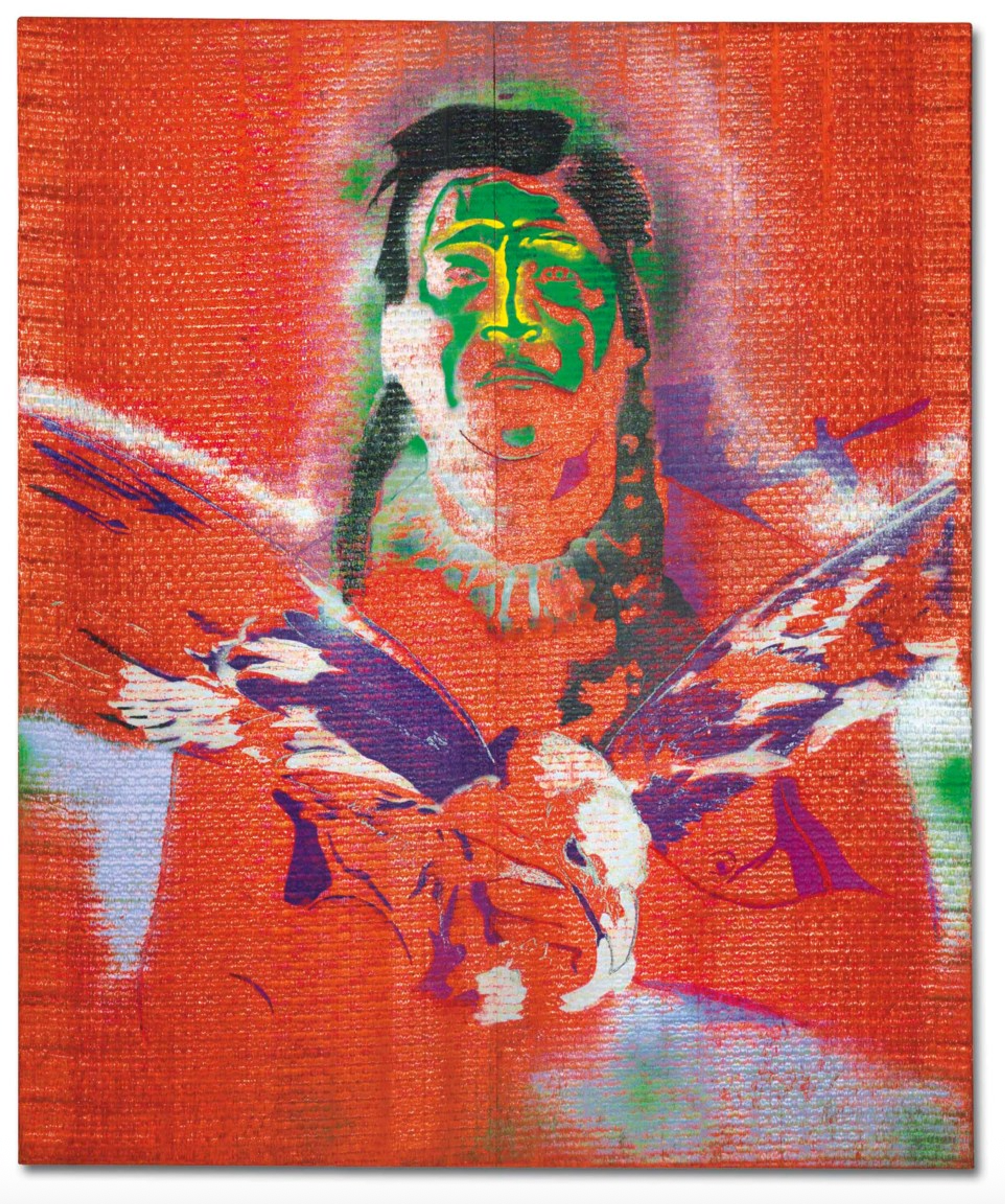 A stencilled indigenous figure with purple-feathered eagle against a bright pink-orange background of raster dots. The colour black is used only for the figure’s hair. Green and white spray paint creates a metallic glow.