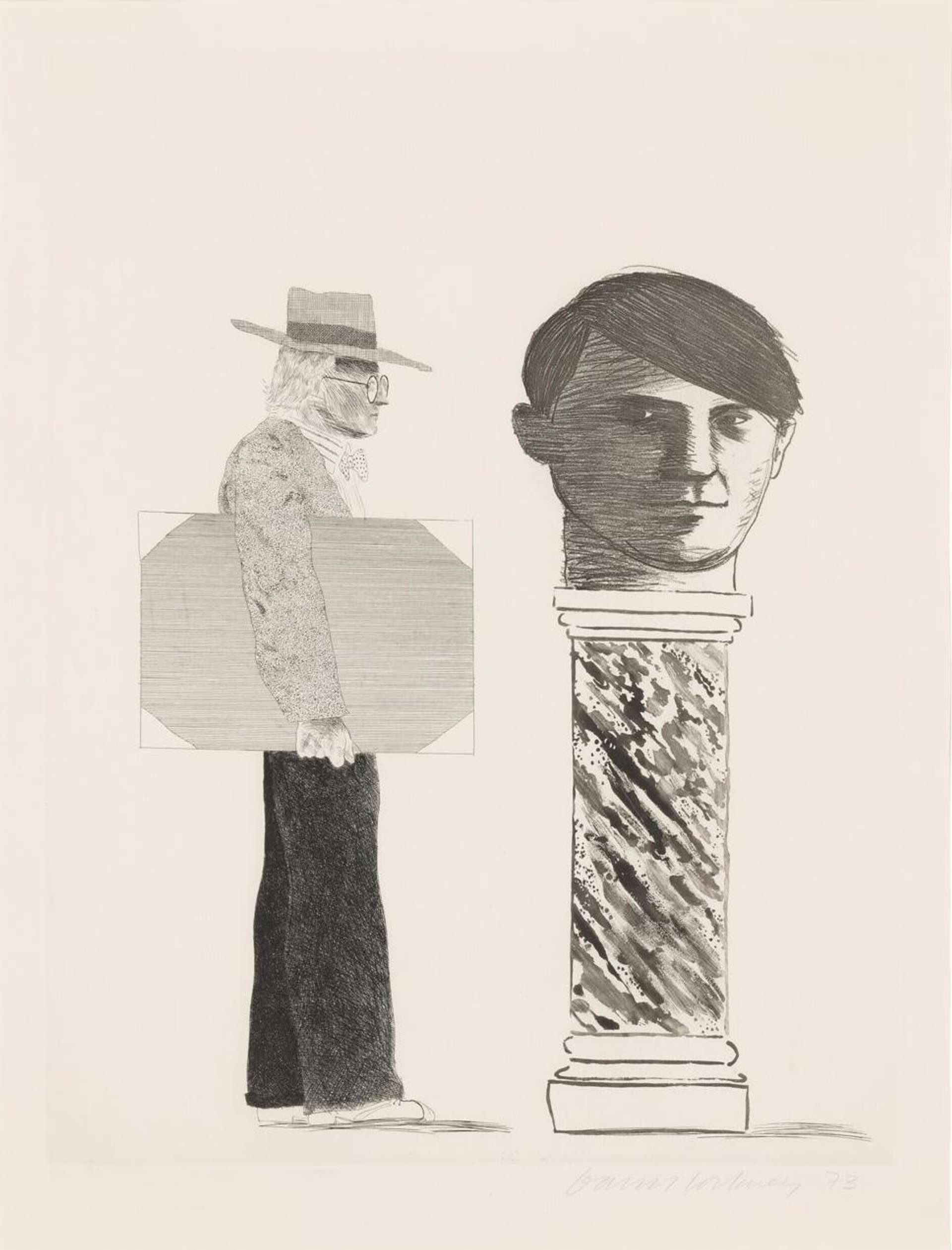 This print depicts Hockney standing next to a bust of his idol, positioned on an ornate marble plinth. It is done in a monochrome colour palette.