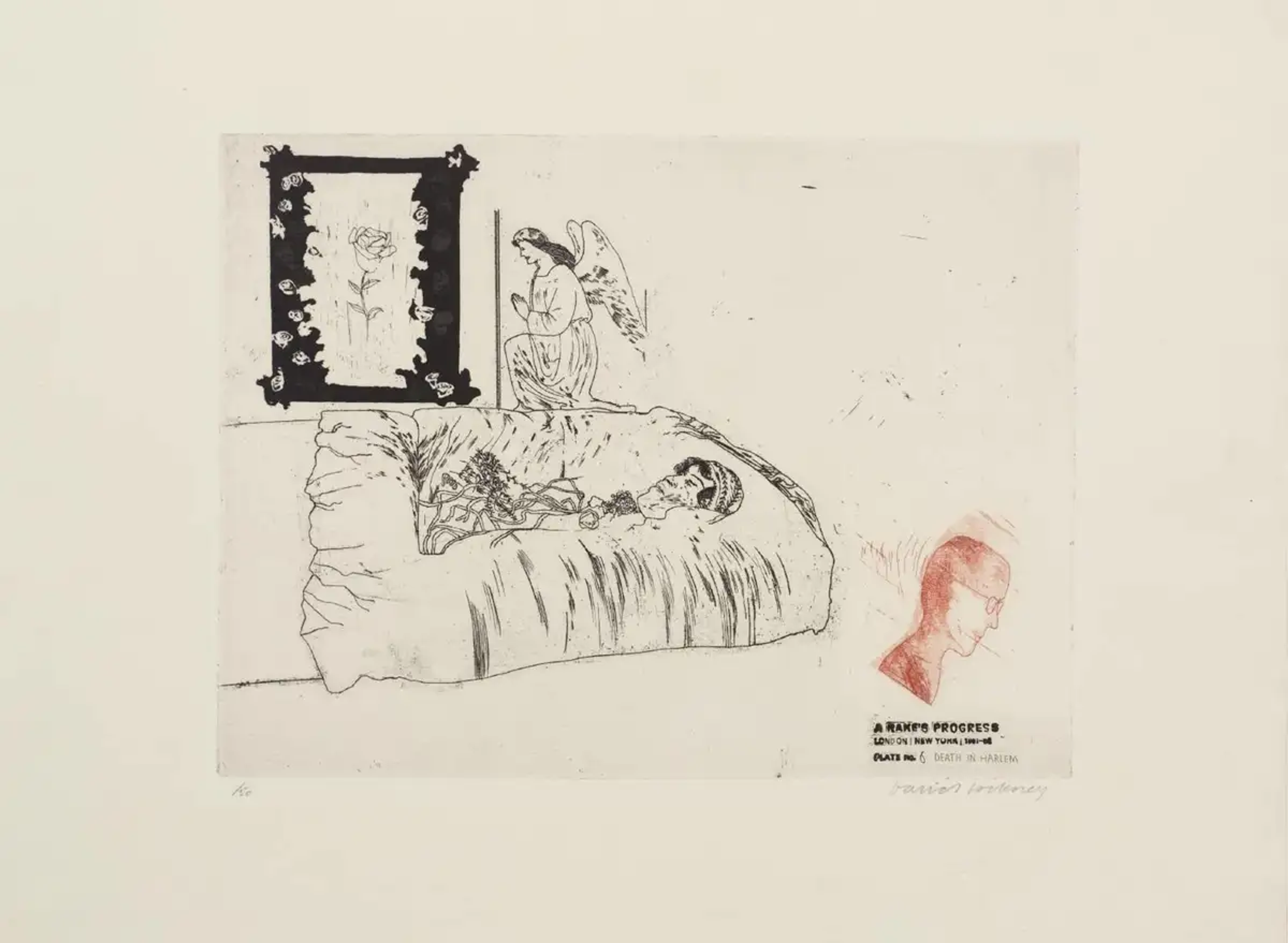 An image of one of David Hockney's prints for A Rake's Progress, showing Hockney’s own floating head in red at the corner of the image, looking away from the bed on which lies a dead body. The deceased is watched over by an angel, praying at a single rose.