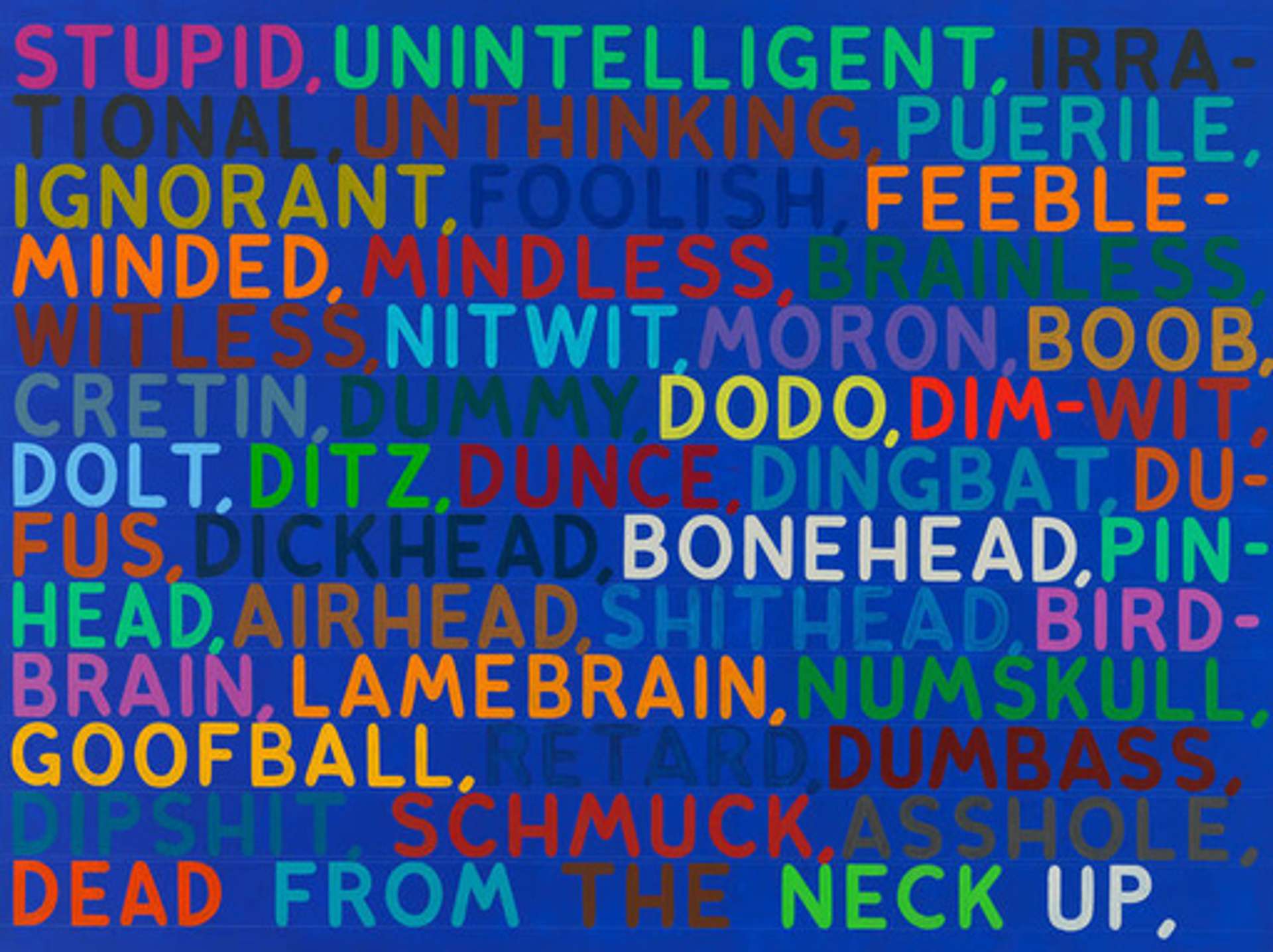 An artwork with a vibrant blue background adorned with stenciled, capital letters in contrasting vibrant colors. The letters spell out various one-word insults such as "stupid, unintelligent, irrational, ignorant, foolish, feeble-minded," and more.
