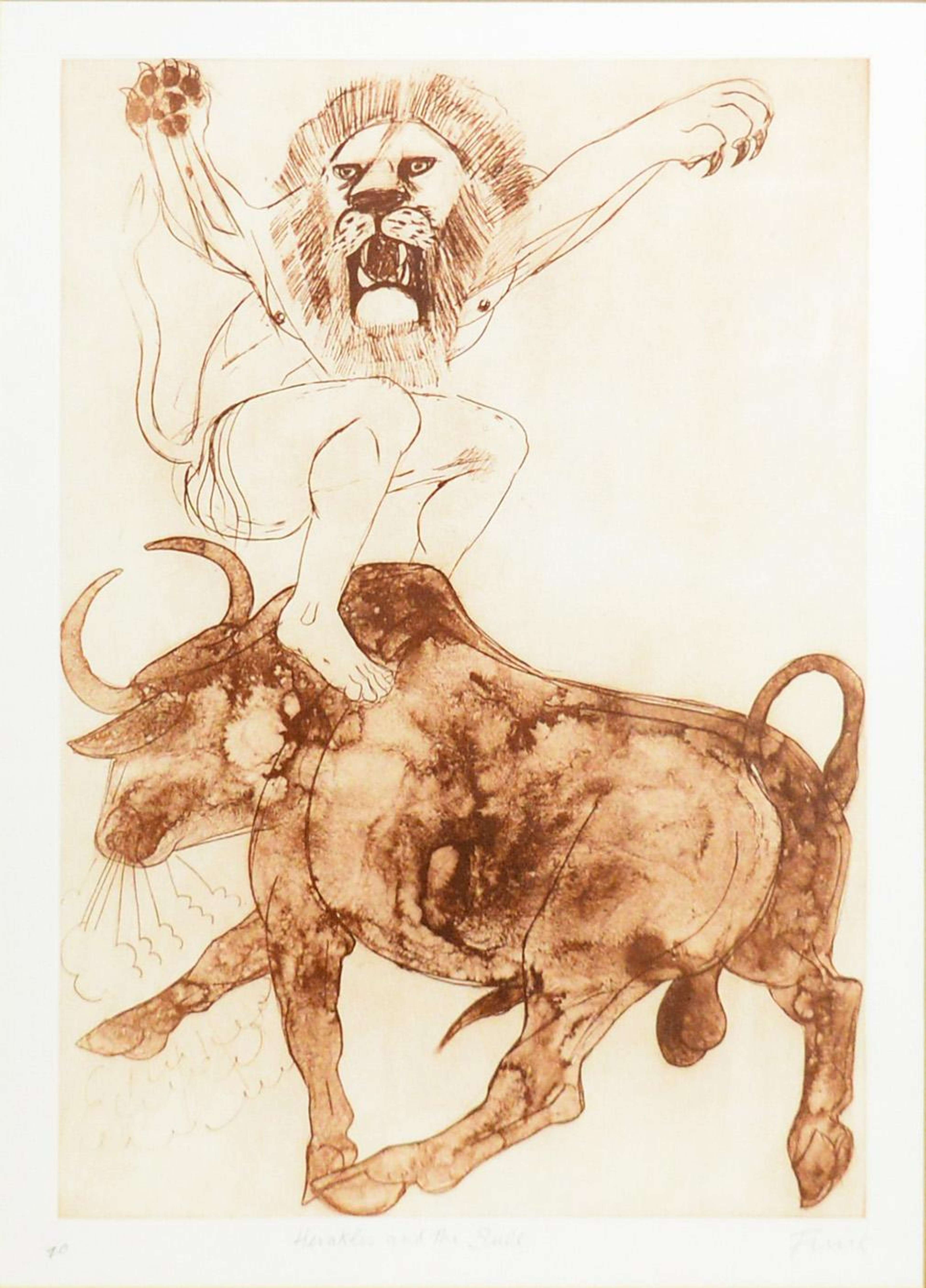 An etching on white paper using red-brown ink. It depicts a bull running away from the viewer, while a man with a lion’s head and paws attempts to ride him while facing the viewer. The drawing style is loose and expressive, with very textured ink adding detail to the bull.