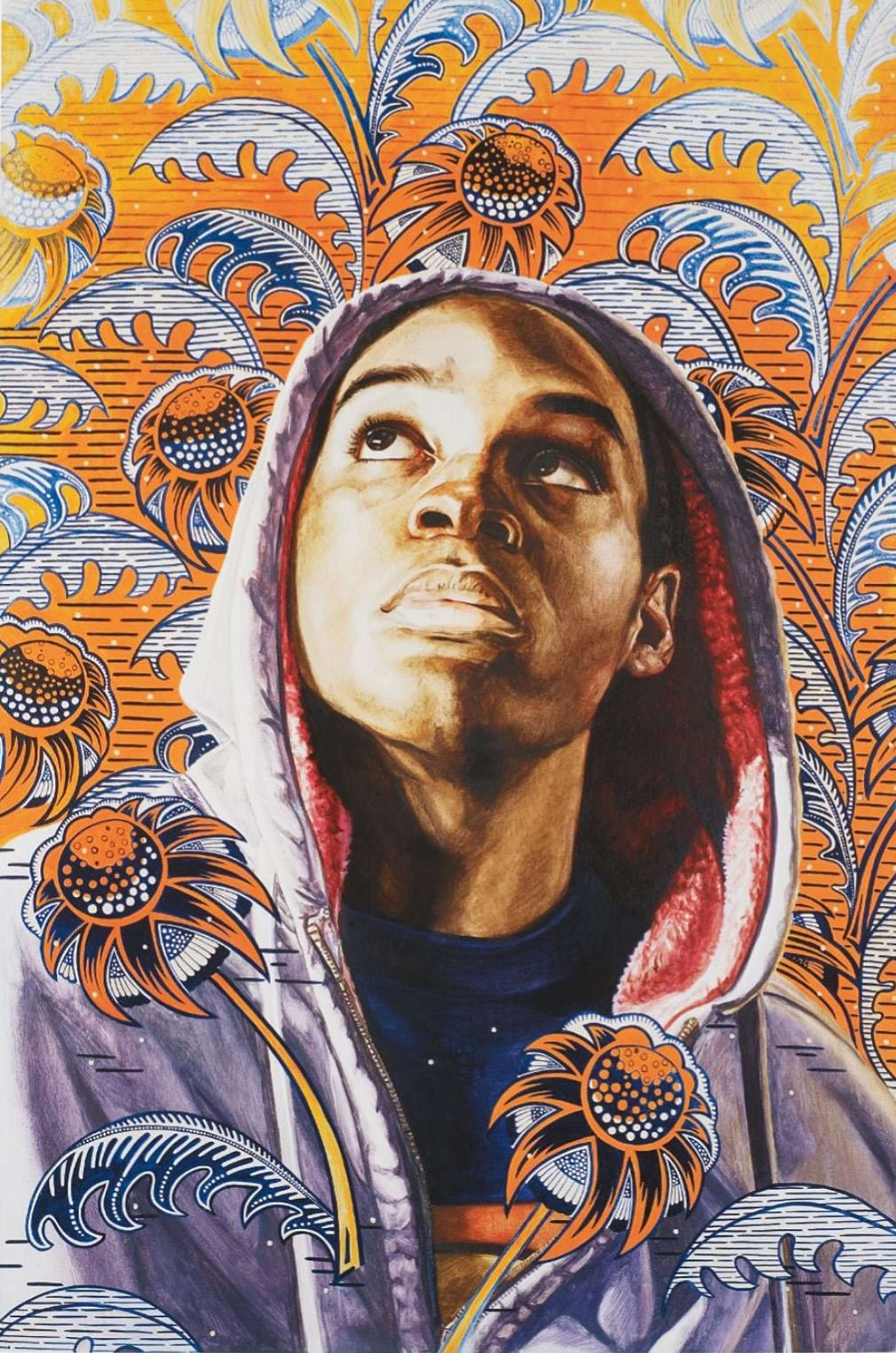 Kehinde Wiley’s Sophie Arnould. A pigment print of a woman dressed in a purple hooded sweatshirt in front of an orange background with blue and white floral accents.