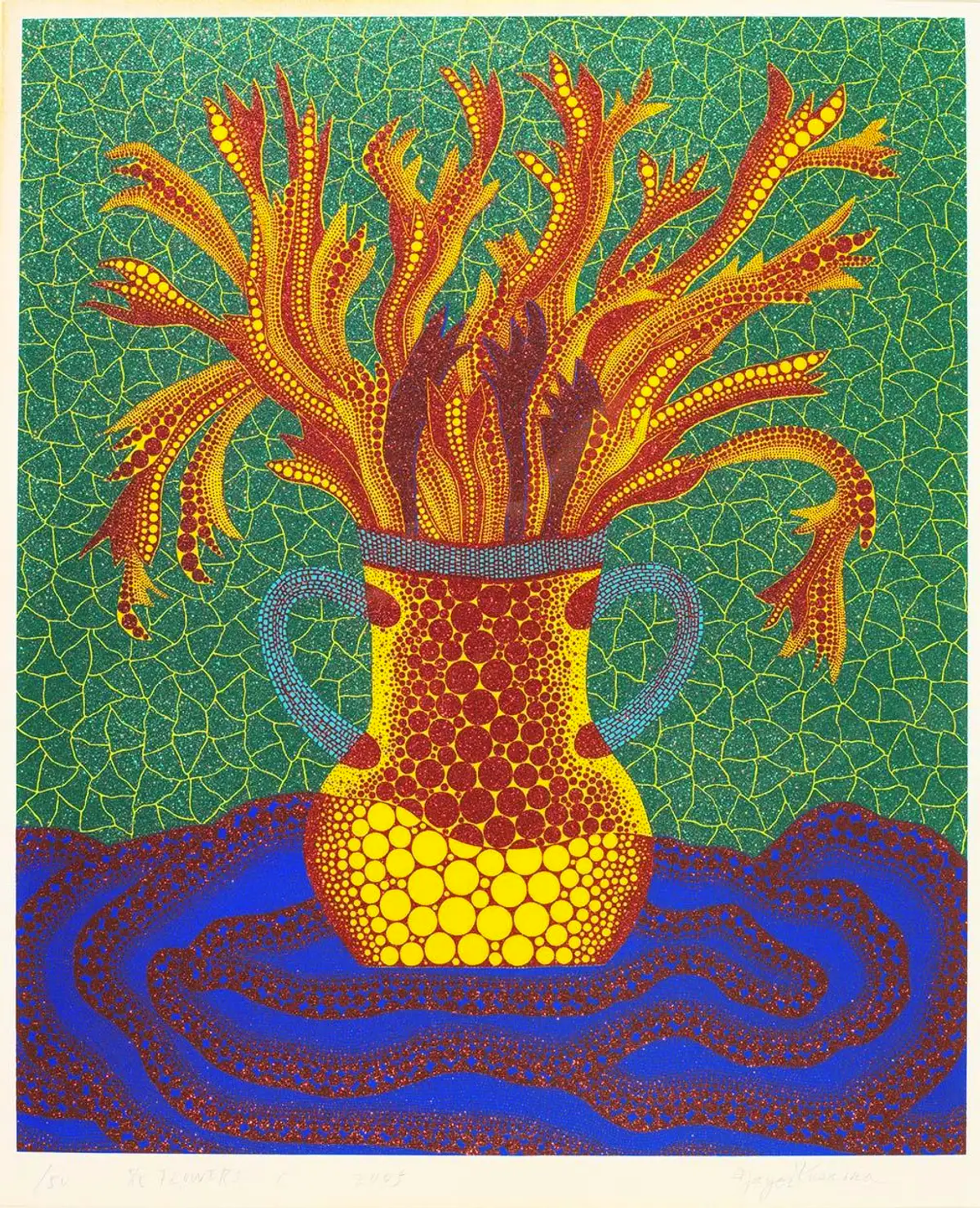 Yayoi Kusama’s Flowers C. A screenprint of a yellow and red polka dot vase holding flowers made of red and yellow polka dots against a green and yellow geometric background. The vase is seated on a blue and red pattern. 