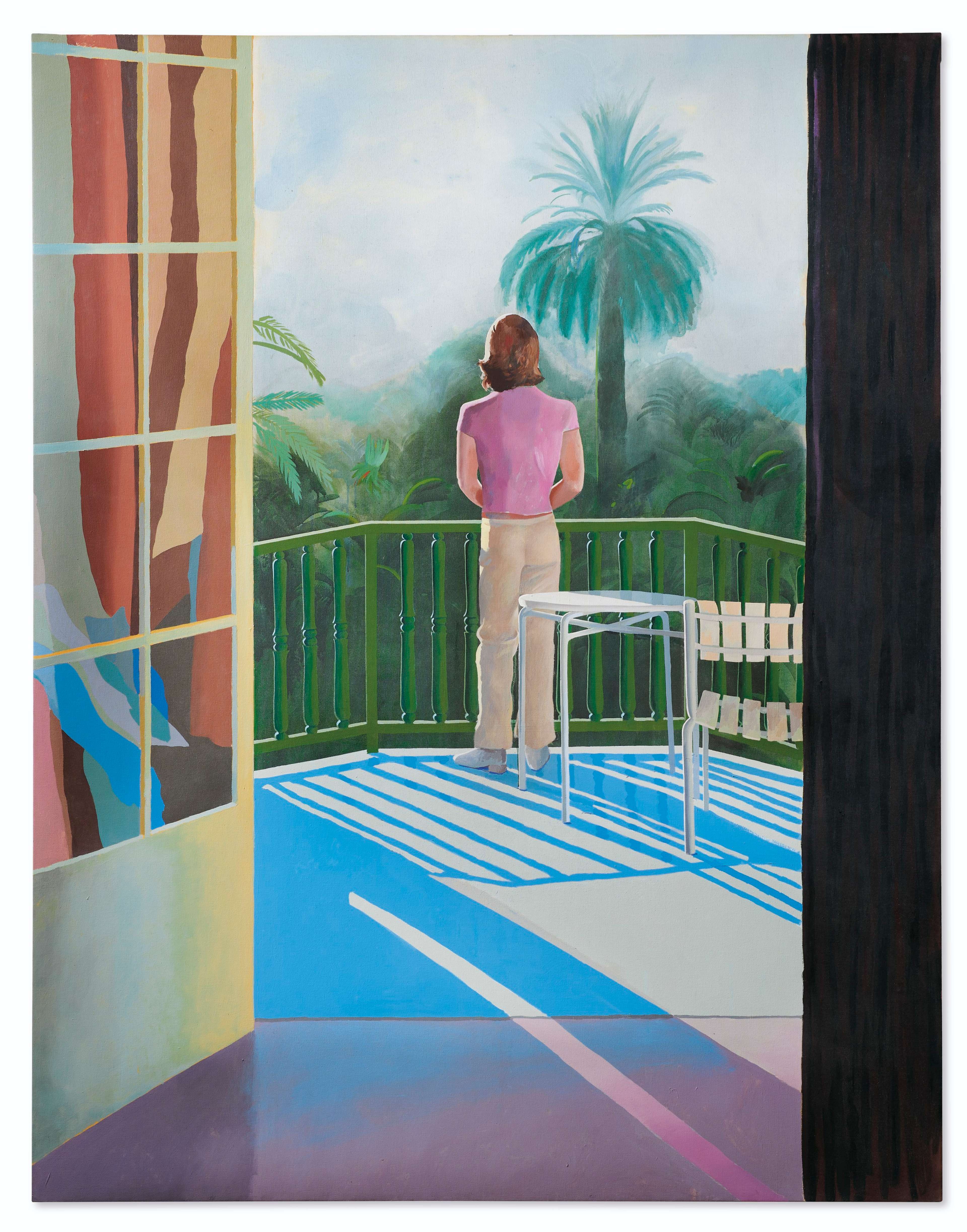 David Hockney’s Sur La Terrasse. An acrylic painting of someone in a pink shirt standing outside on their balcony overlooking the view. 