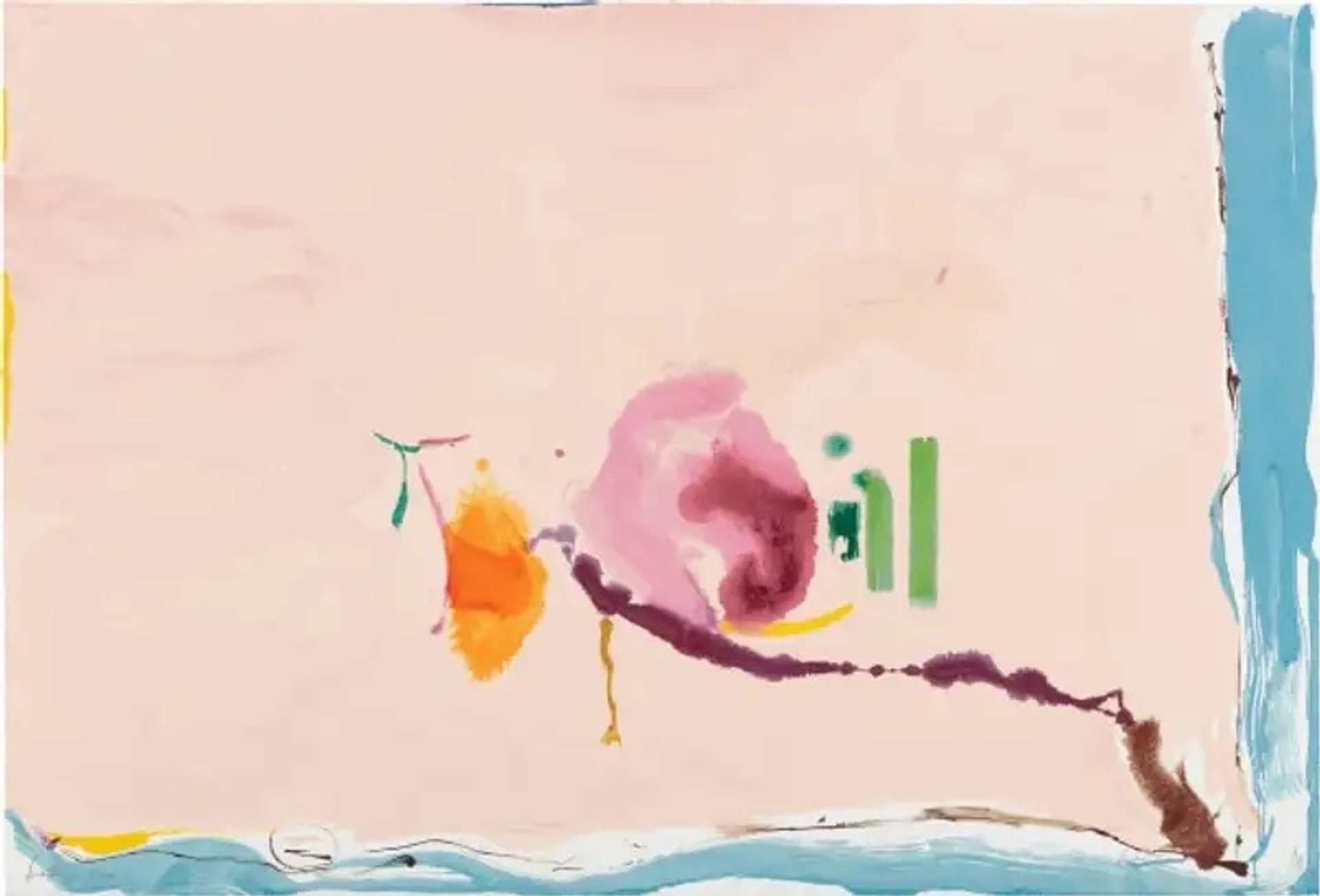 Helen Frankenthaler’s Flirt. An abstract expressionist screenprint of a landscape of a pink background with blue, red, and orange accents.