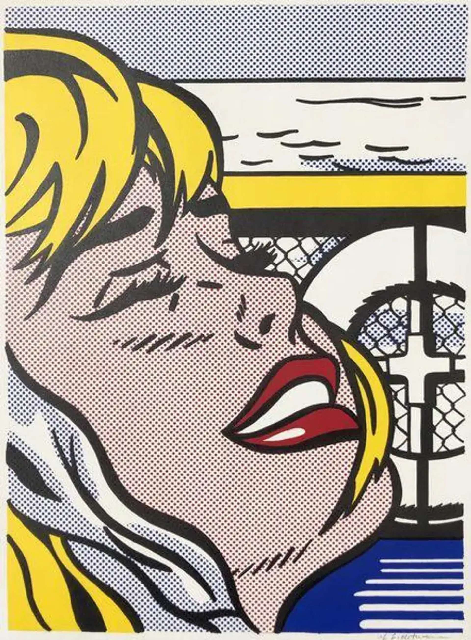 Image of a crying blonde woman, depicted in Roy Lichtenstein's typical primary colours and cartoon style. In the background is a ship deck, with the ocean and a lifebuoy.