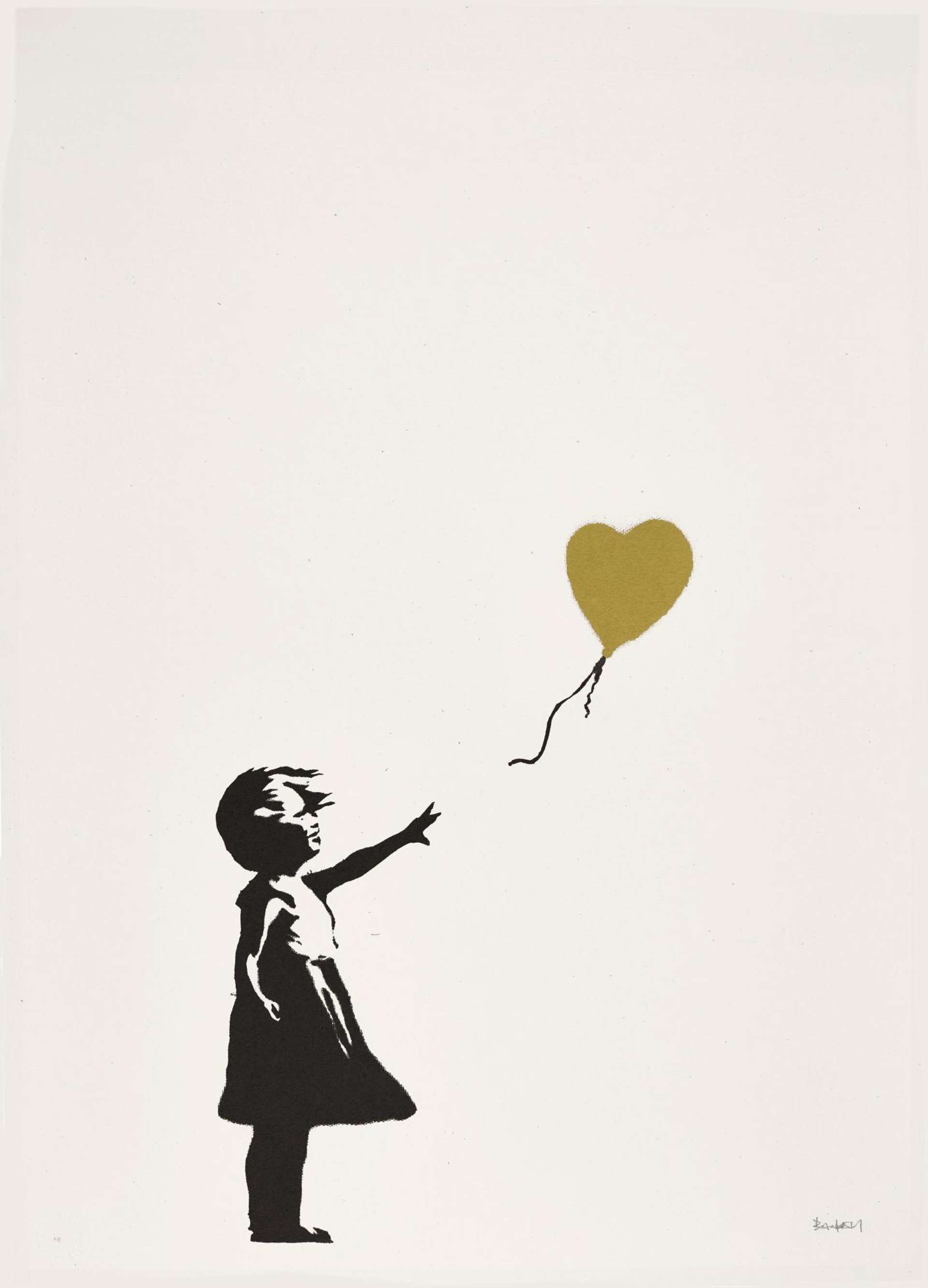 A screenprint by Banksy depicting a young girl in black paint reaching for a gold heart-shaped balloon