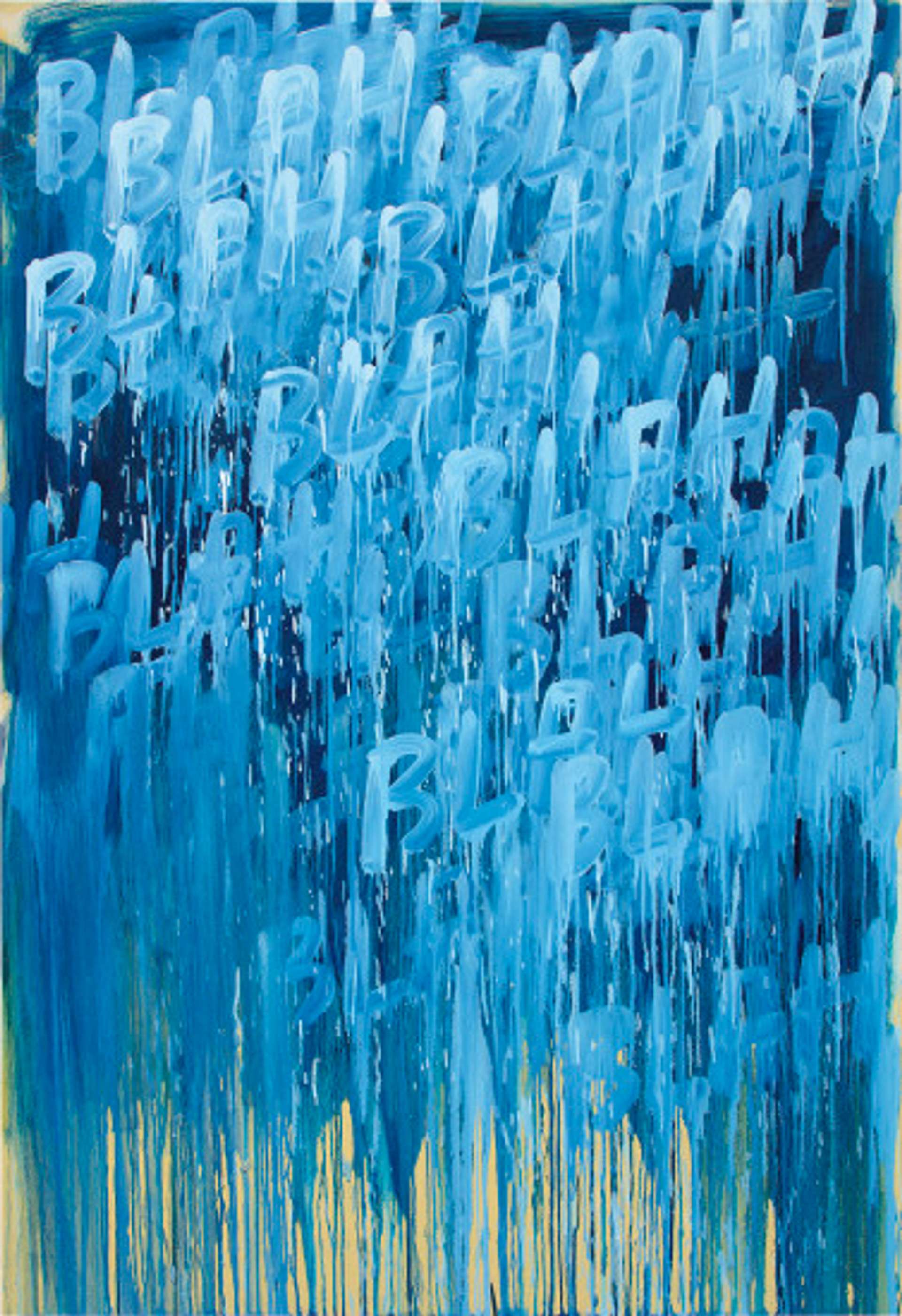 Abstract artwork with multiple shades of blue paint pouring from the top edge of the canvas and dripping downwards, forming the repeated words "Blah, Blah, Blah" within the dripped paint.