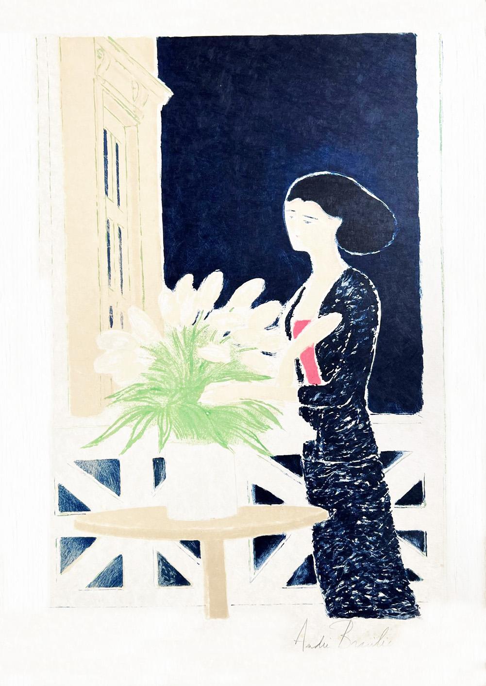 Andre Brasilier Woman With A Bouquet (Signed Print) | For Sale