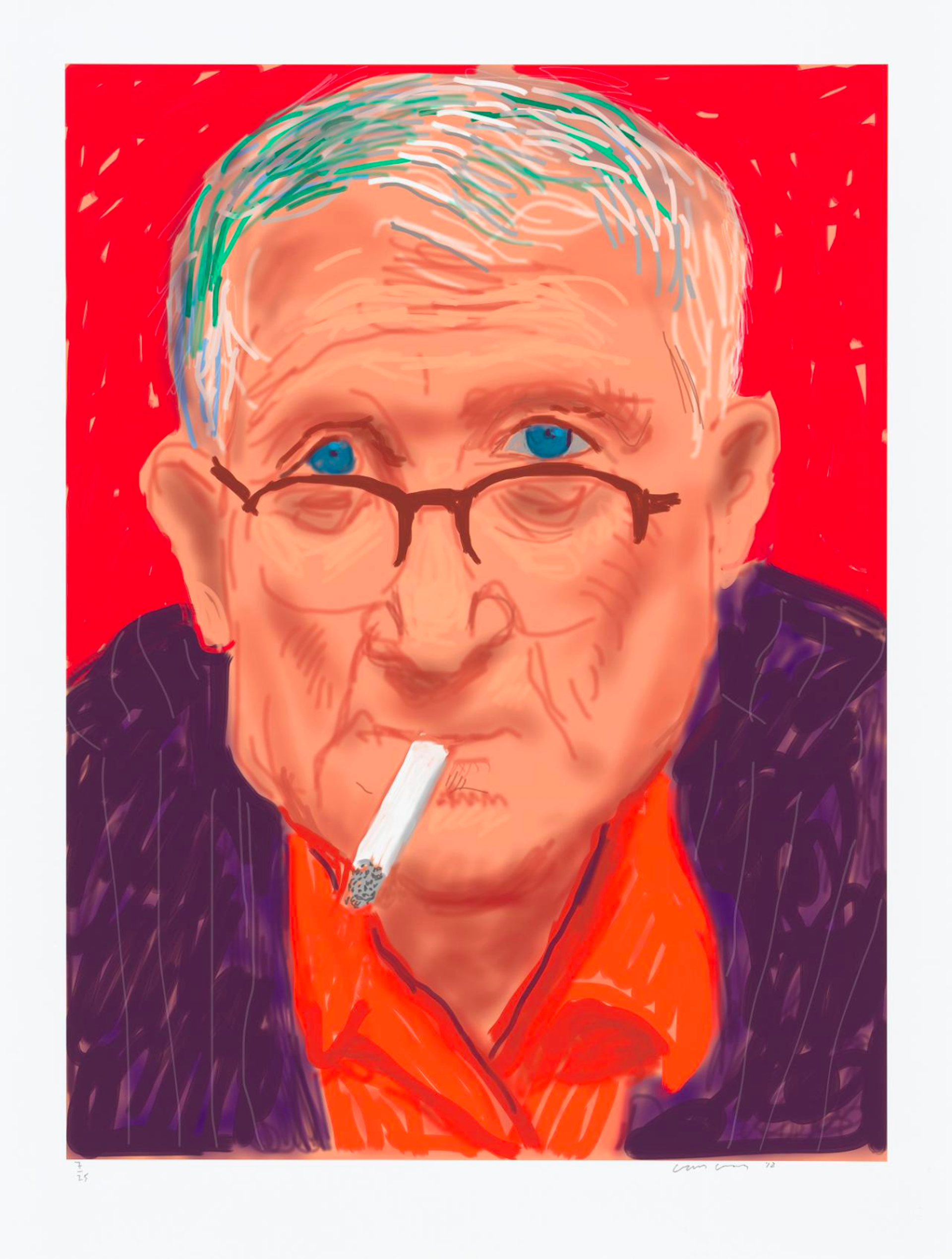 A self-portrait of David Hockney. He wears brown half-rimmed glasses, a purple jacket, orange shirt, and has a cigarette in his mouth. iPad drawing.