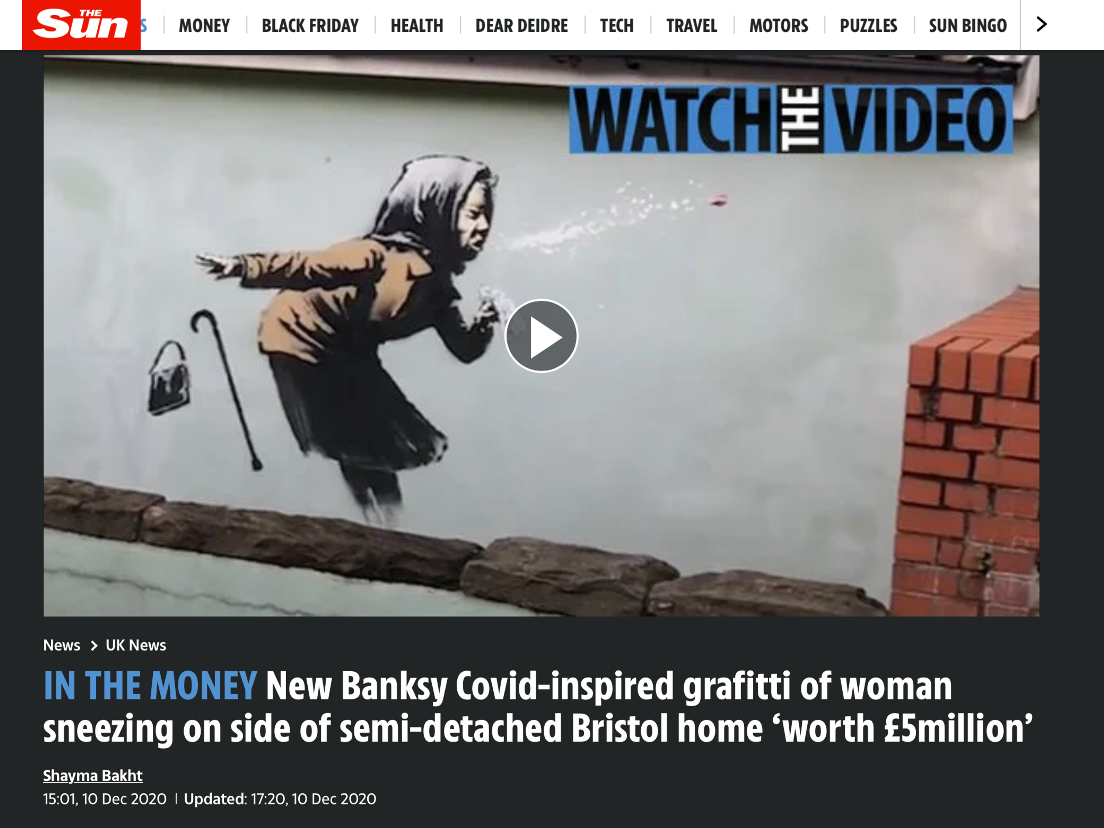 The Sun - New Banksy Graffitti Woman Sneezing Worth £5 Million - MyArtBroker 