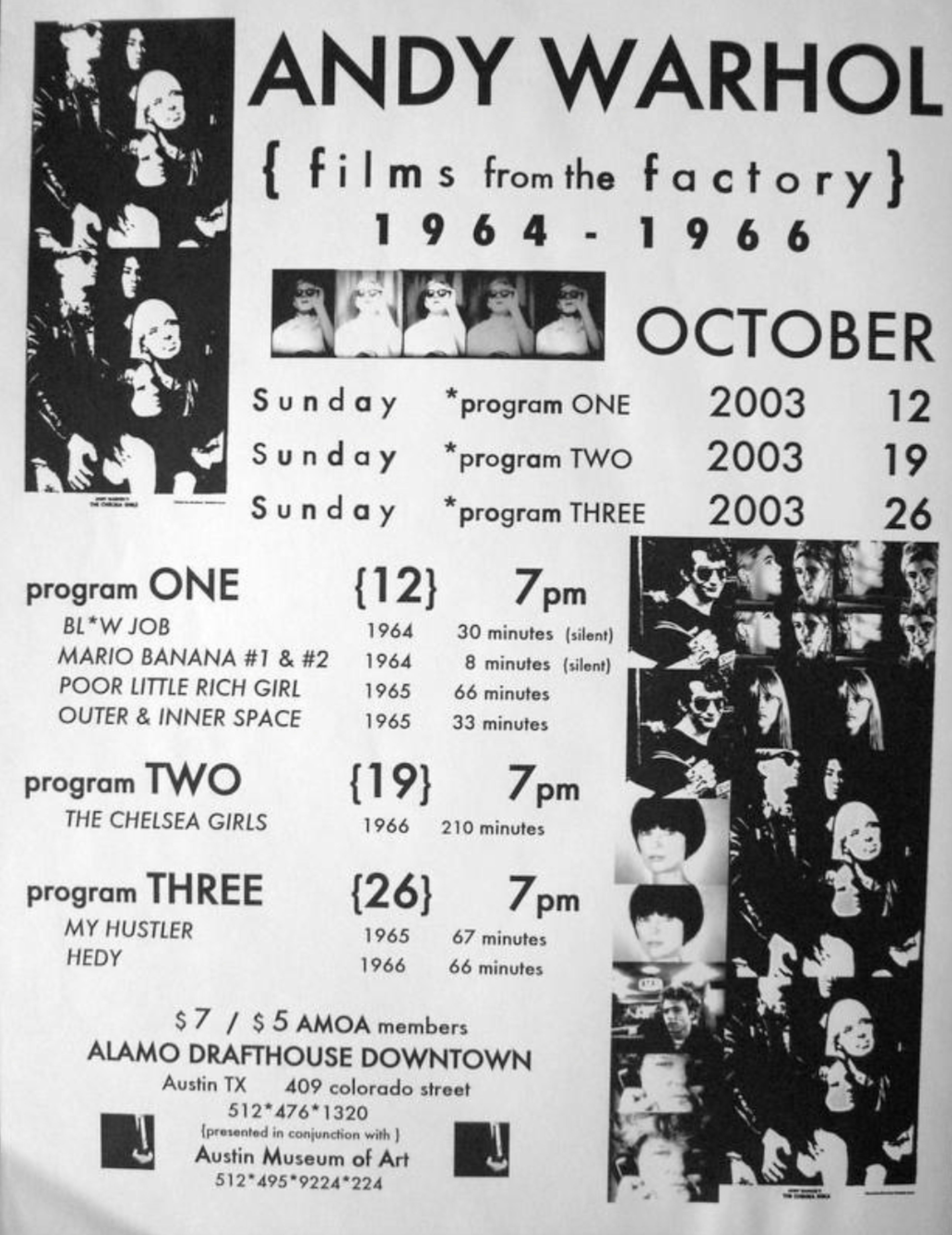 A black and white image of a poster advertising several Andy Warhol films from the factory.