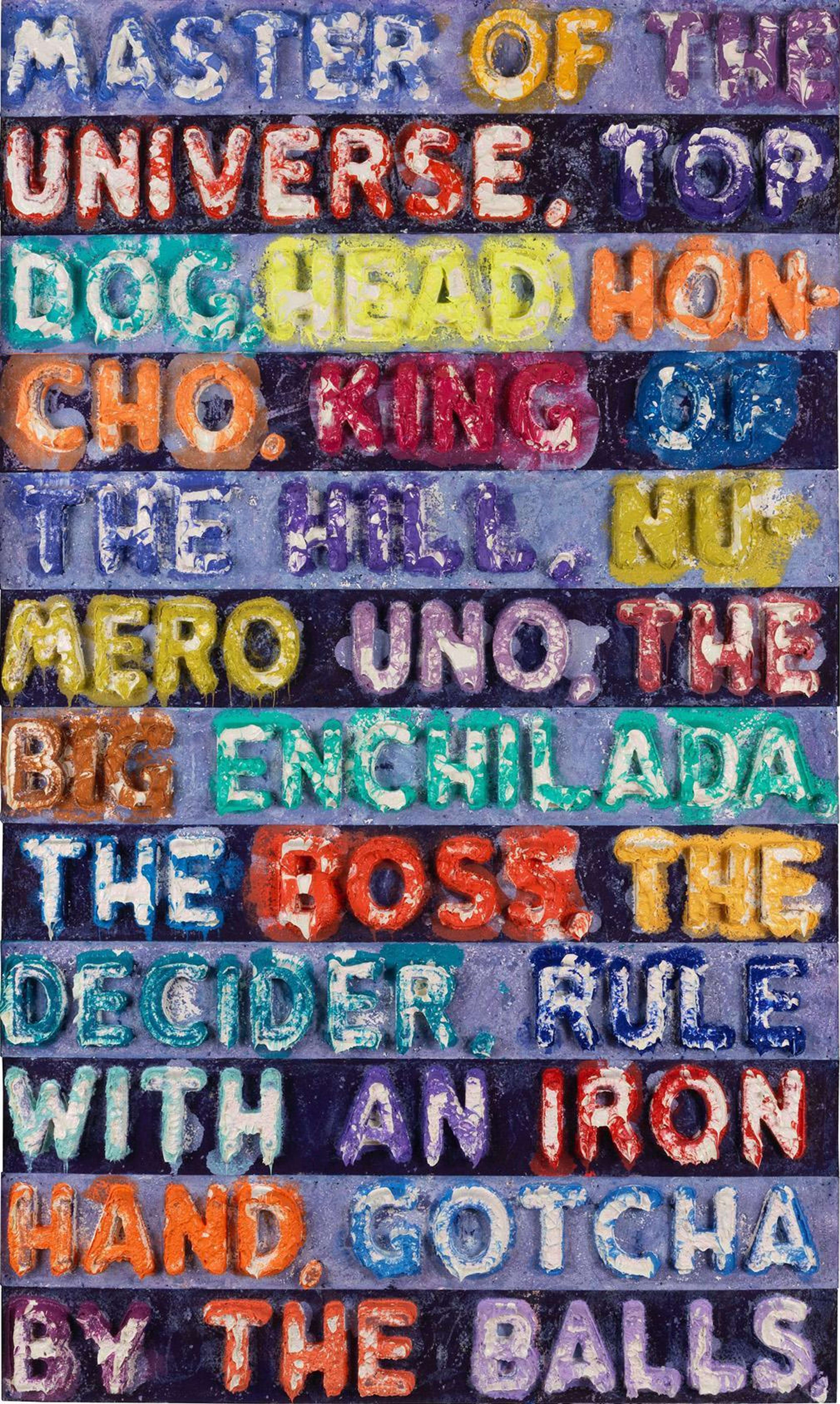 A signed mixed‑media work by Mel Bochner, titled “Master Of The Universe”, showing bold, large text stacked and layered with contrasting tones of black and white on a textured surface, emphasising sculptural paper relief and typographic form. Executed in contemporary conceptual style, signed and dated lower left