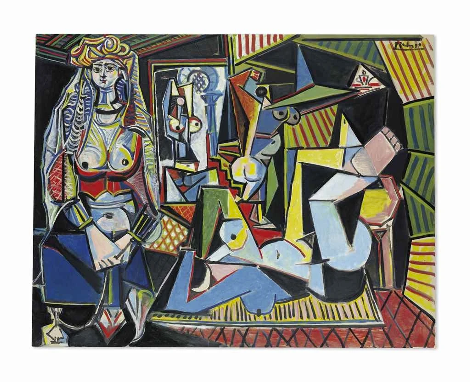 Painting by Pablo Picasso, depicting women of Algiers in their apartment. The women are structurally deconstructed into angular shapes. The forms are depicted in blues, greens, yellows, red and black.