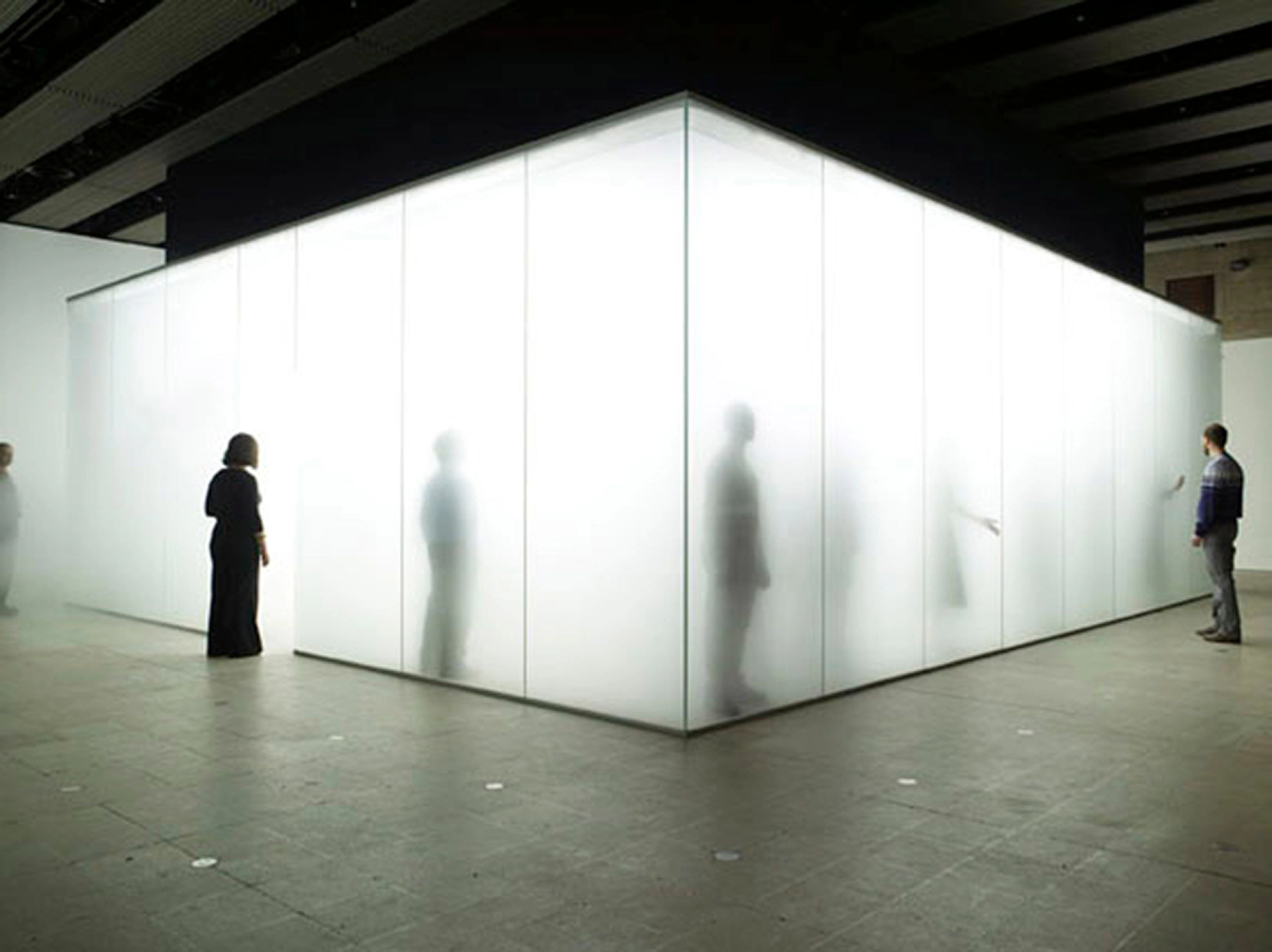 This photograph shows people within a large bright glass box filled with mist. Other people stand outside the box and observe.