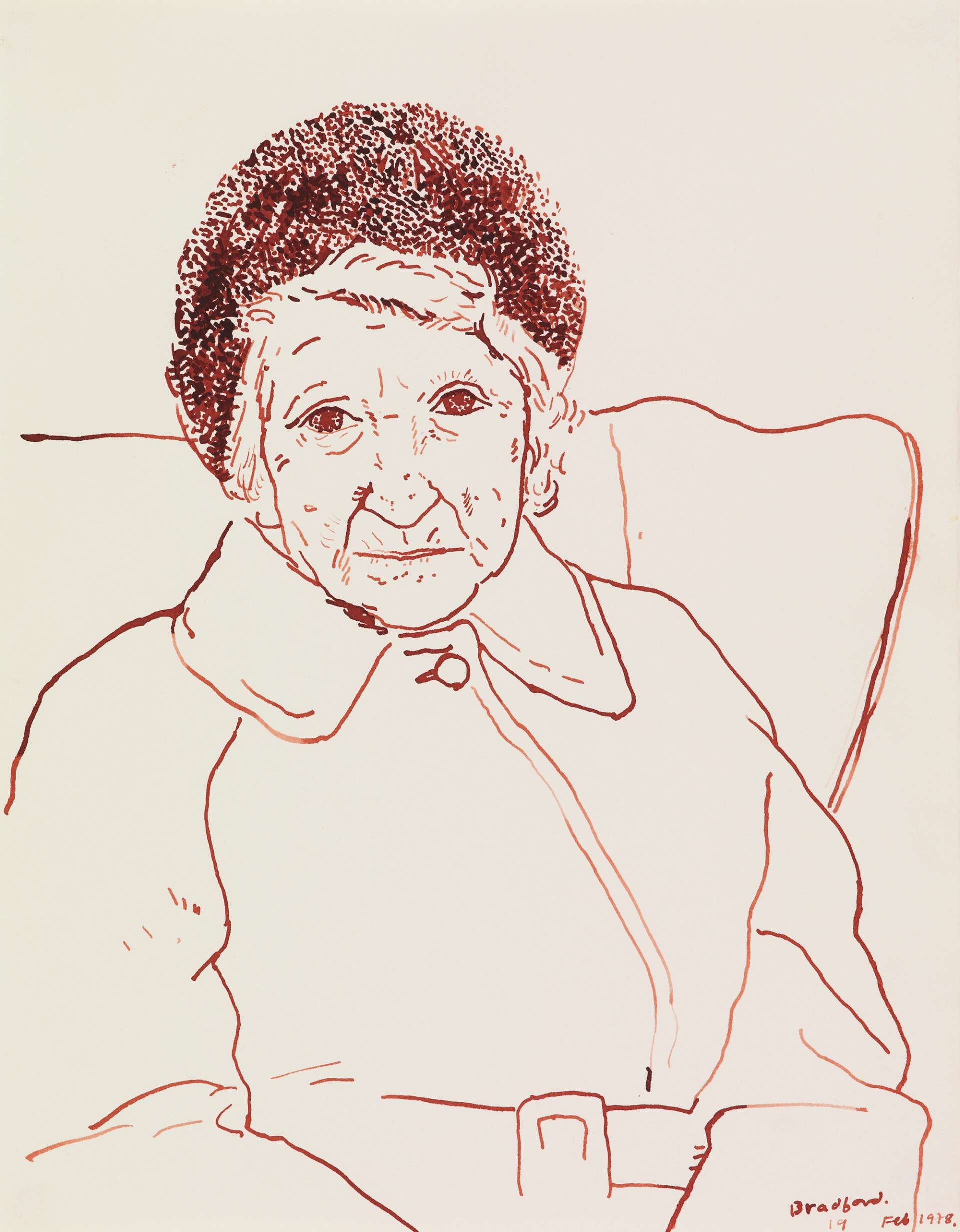 A sepia ink portrait of Laura Hockney by David Hockney, presenting the artist's mother in a coat and hat, gazing out to the viewer.
