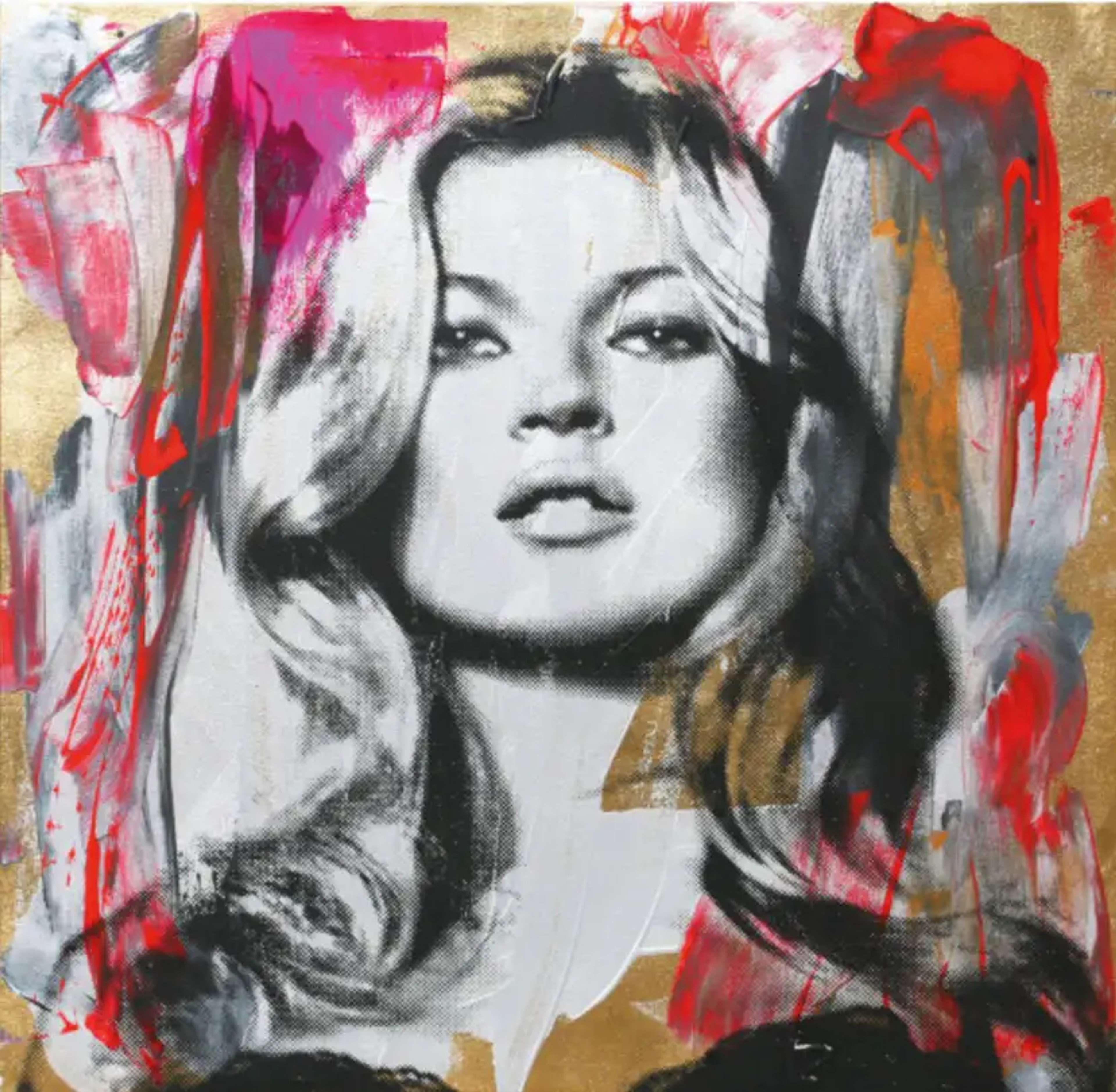 A stencilled screenprint of British model Kate Moss with long, lustrous hair, set against a graffiti-styled backdrop. The backdrop showcases splatters of spray paint in golden, red, and pink tones, creating a lively and vibrant visual composition.