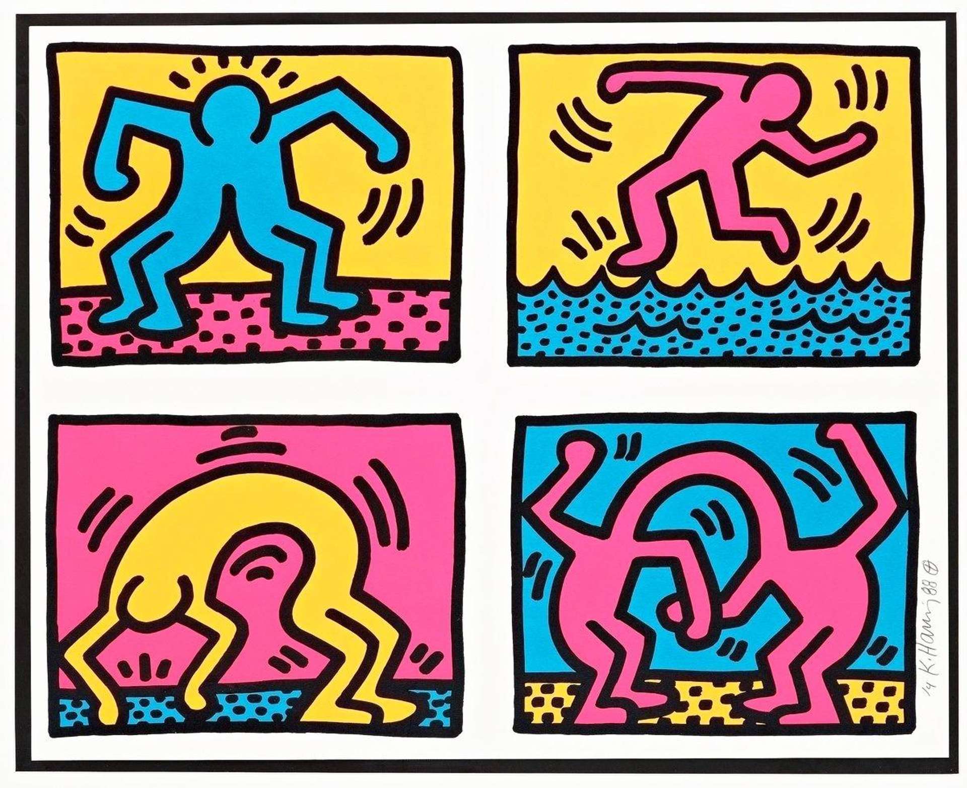 A set of four screenprints by Keith Haring depicting black outlined cartoon figures in various states of movement, executed in bold block colours of yellow, orange, pink, and blue.