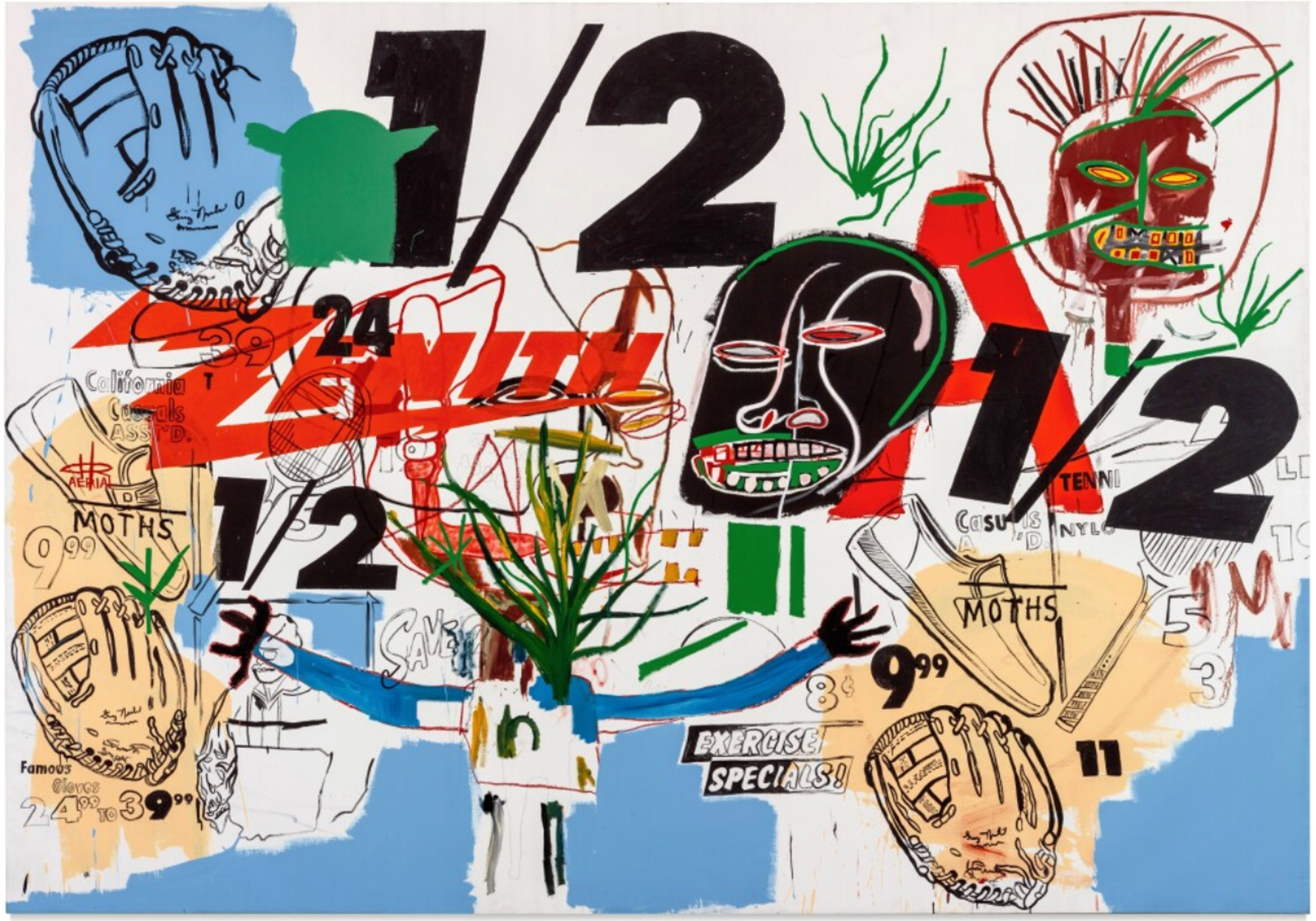 A large-scale white canvas features abstract colours of beige and blue with collage-like images of baseball mitts, human heads, skulls, and various numbers, alongside the word 'Zenith'.