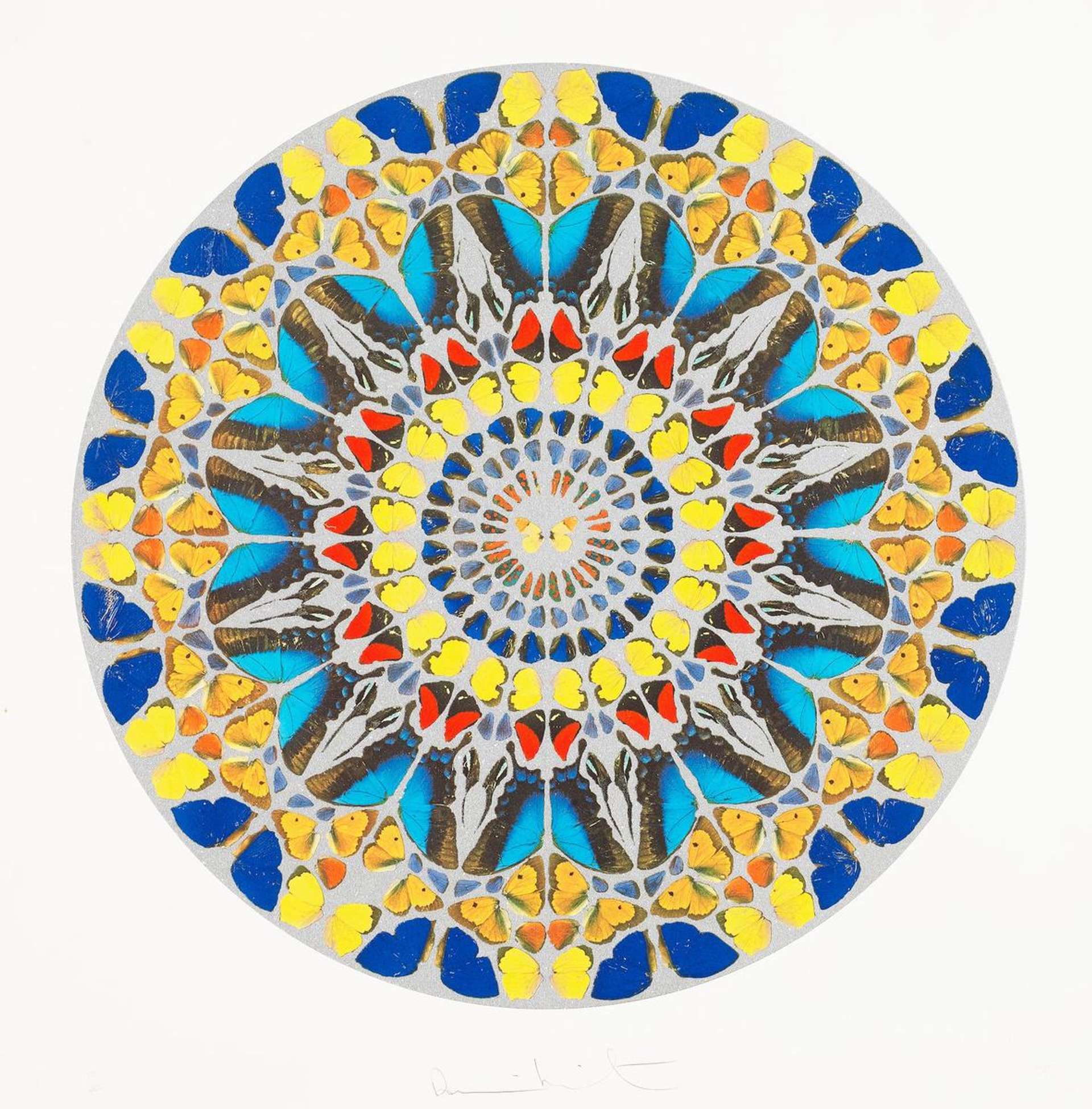 A screenprinted diamond dust artwork featuring a colorful medallion made of butterfly wings in shades of yellow, orange, and blue.