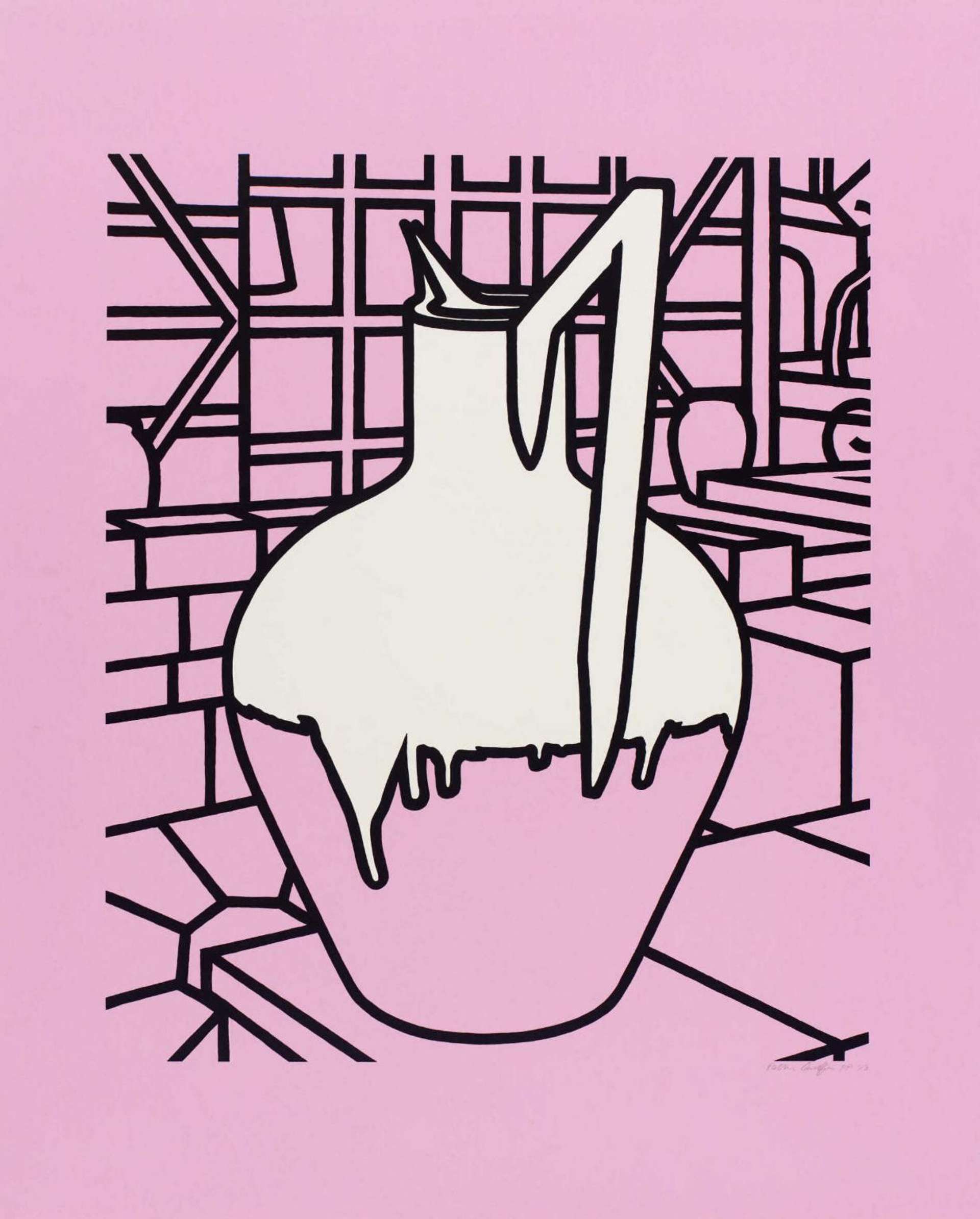 An image of the print Jug by Patrick Caulfield. It shows the outline of a jug within a kitchen, all drawn in black lines against a bright pink background. The top half of the jug is highlighted in white.
