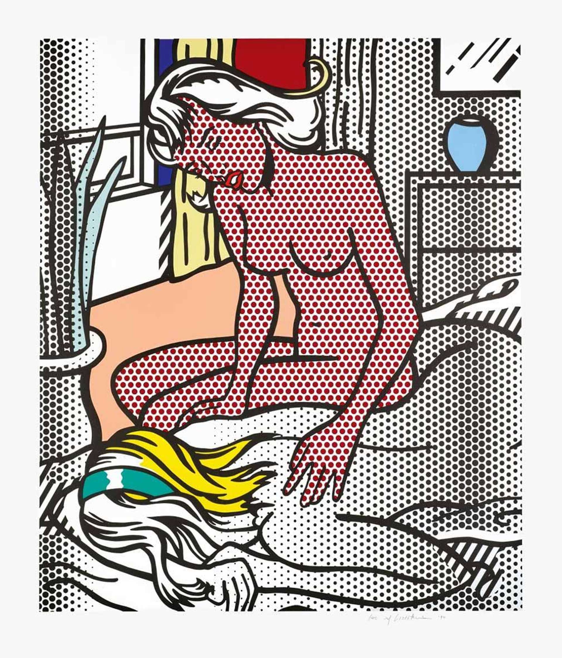 A screenprint by Roy Lichtenstein depicting two female nude figures, one reclining face-down in the foreground with the other sitting over her and appearing to console her.