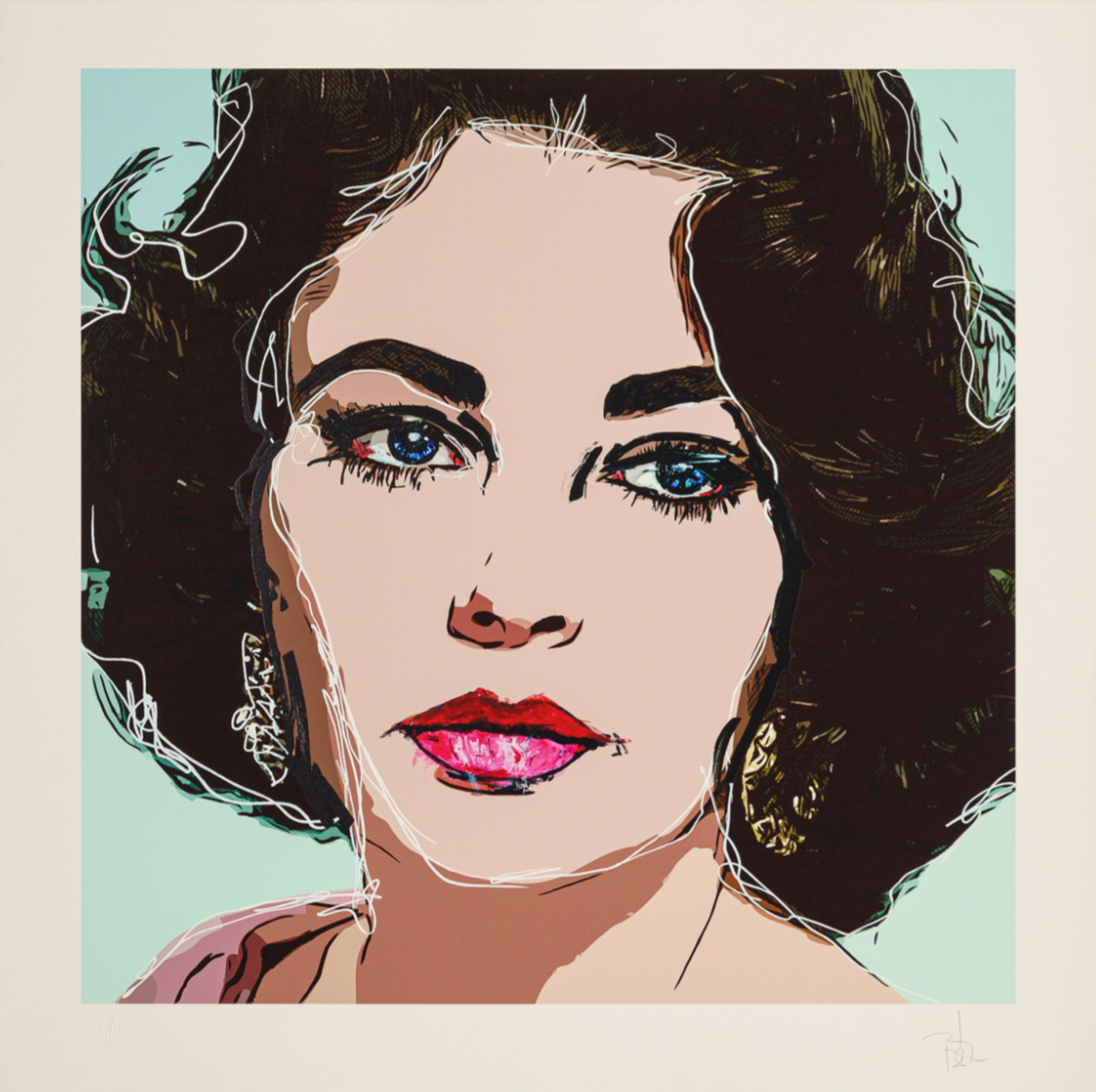 A portrait of Elizabeth Taylor against a light blue background.