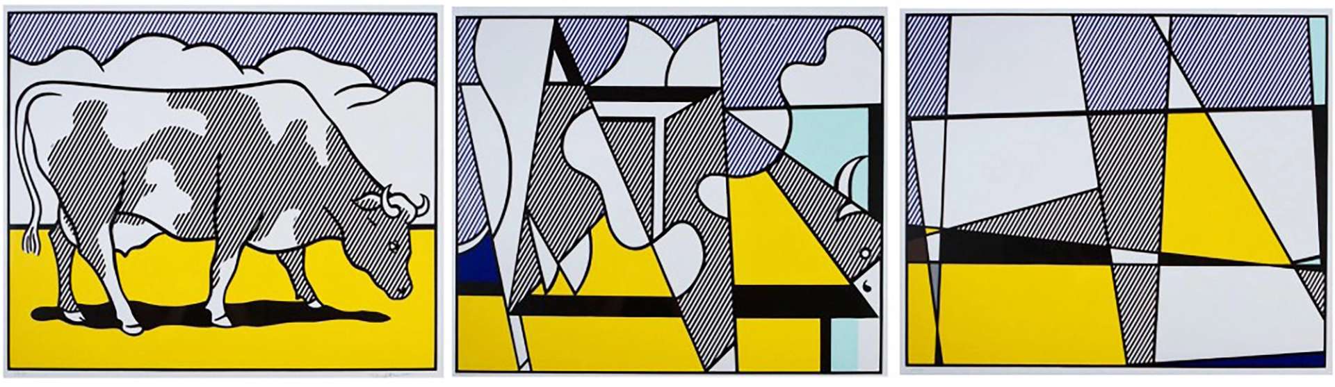 As such, Cow Going Abstract is a three-part portrait of a bull that maps a progressive shift from figuration to abstraction. Aspiring to playfully obscure the animal's naturalistic shape, Lichtenstein renders the subject indecipherable in a colourful arrangement of coded geometric shapes.
