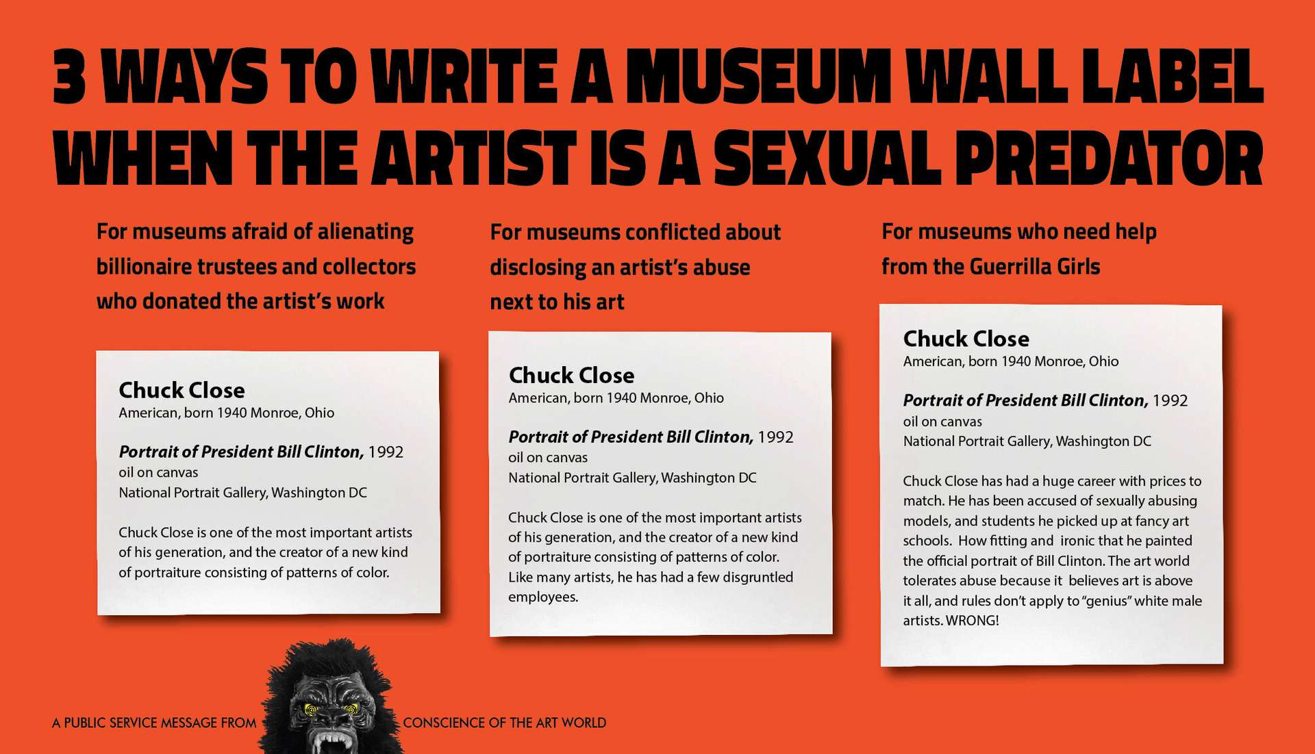 An image of a poster by the Guerrilla Girls, showing three different ways of rewriting museum labels addressing Chuck Close's scandal.