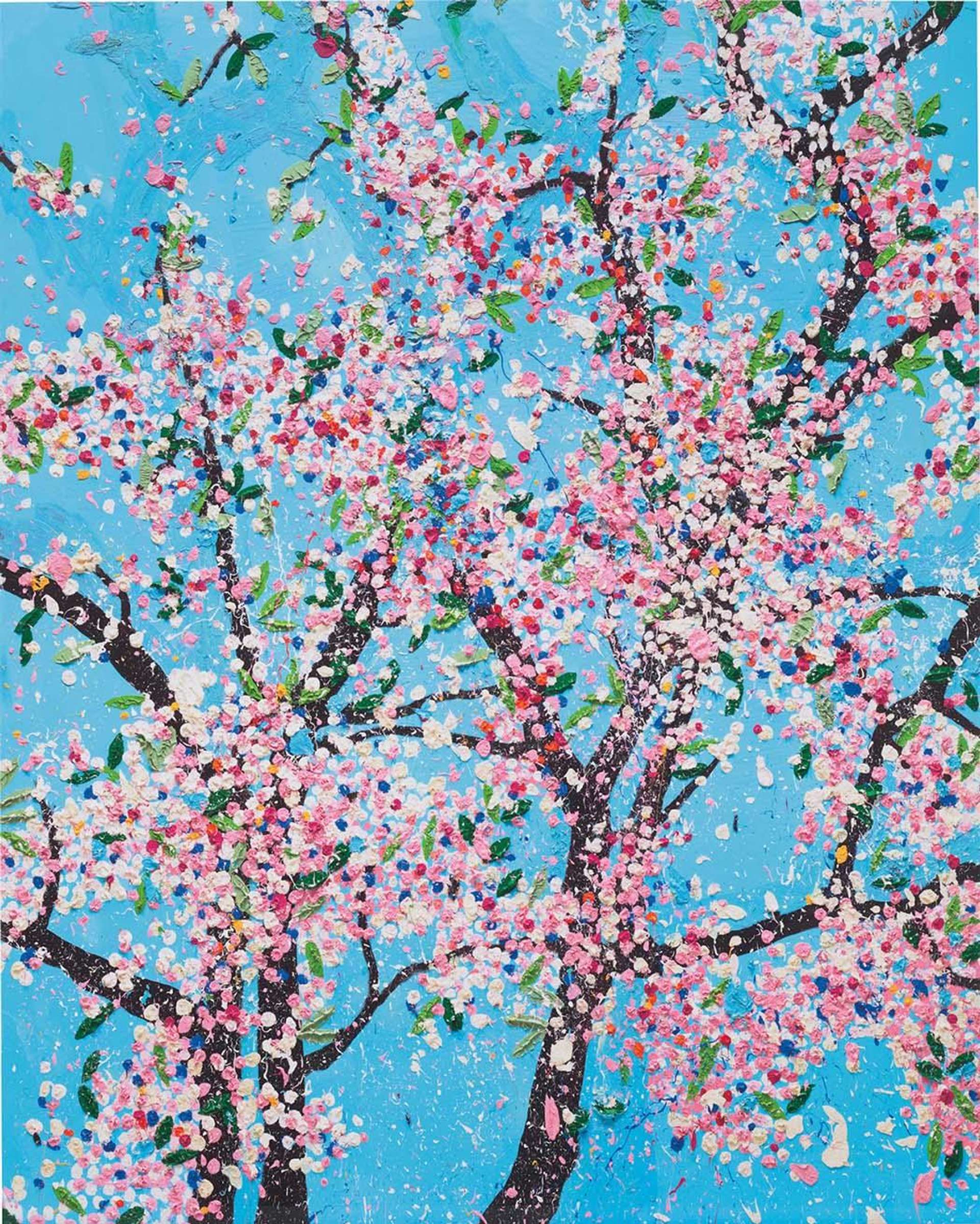 A Giclée print print by Damien Hirst depicting a cherry blossom tree against a blue background.