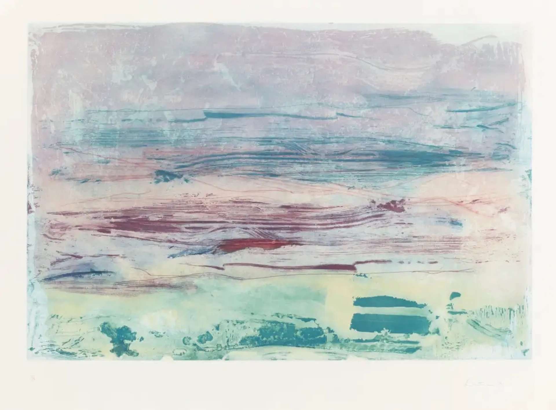 Helen Frankenthaler’s Sure Viollet. An abstract expressionist intaglio print of a mountain-like landscape.