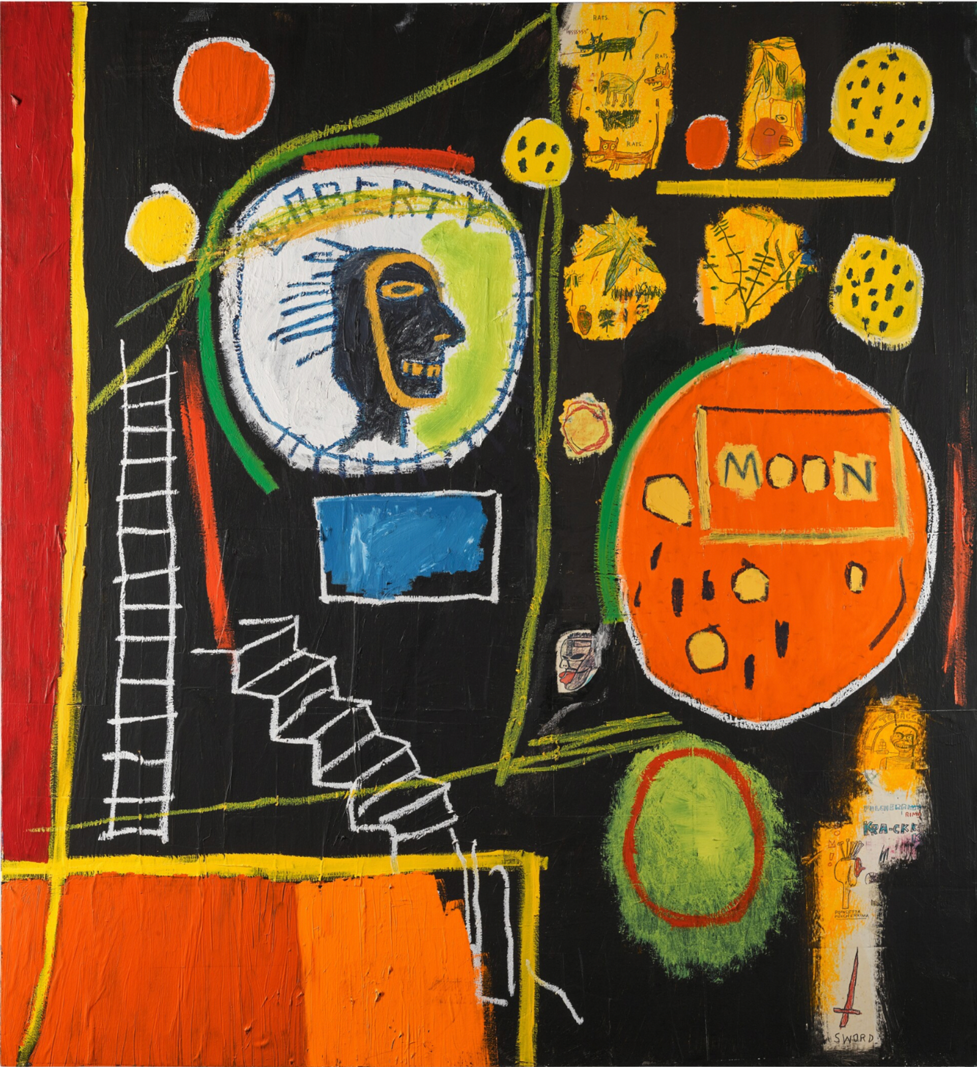 An abstract painting by Jean-Michel Basquiat featuring a vibrant background in shades of res, yellow, orange, and brown. Overlaid is a white outlined ladder, stairs, and several circles of varying sizes. The largest circle resembles a coin with a brown head and the word ‘liberty’ written above it. Another prominent circle is orange with smaller yellow circles inside, accompanied by the word ‘moon’ written in a rectangle.