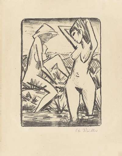 Im Wasser Stehendes Und Am Ufer Sitzendes Mädchen Mit Hut - Signed Print by Otto Mueller 1922 - MyArtBroker