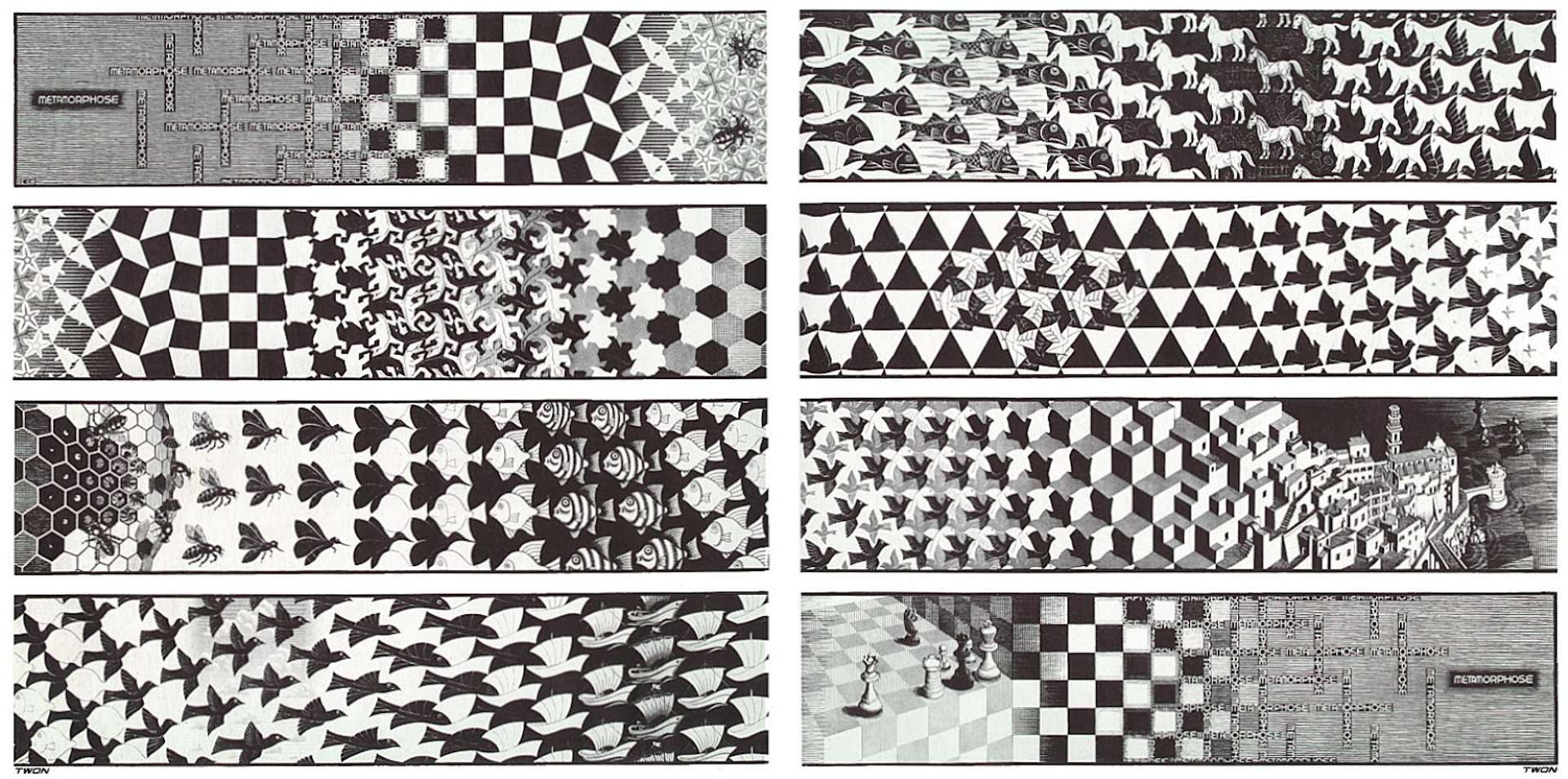 A lithograph print titled "Metamorphosis III" by M.C. Escher, featuring interlocking geometric shapes that transform and evolve into various forms and patterns.