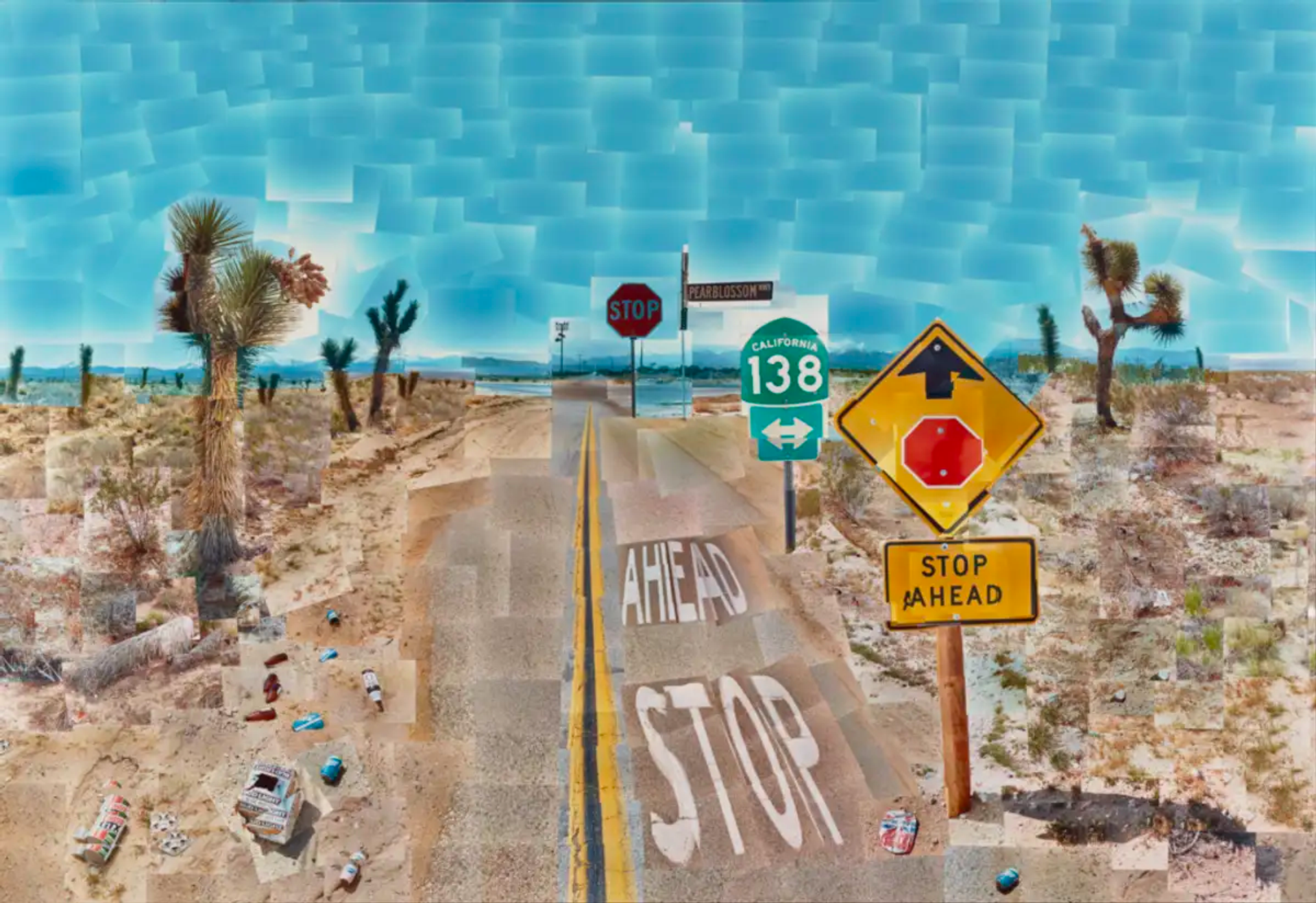 A photomontage of a U.S. highway in the desert of California. Road signs read ‘STOP AHEAD’, ‘CALIFORNIA 138’ and ‘PEARLBLOSSOM HWY’, with a further ‘STOP’ sign in the distance.