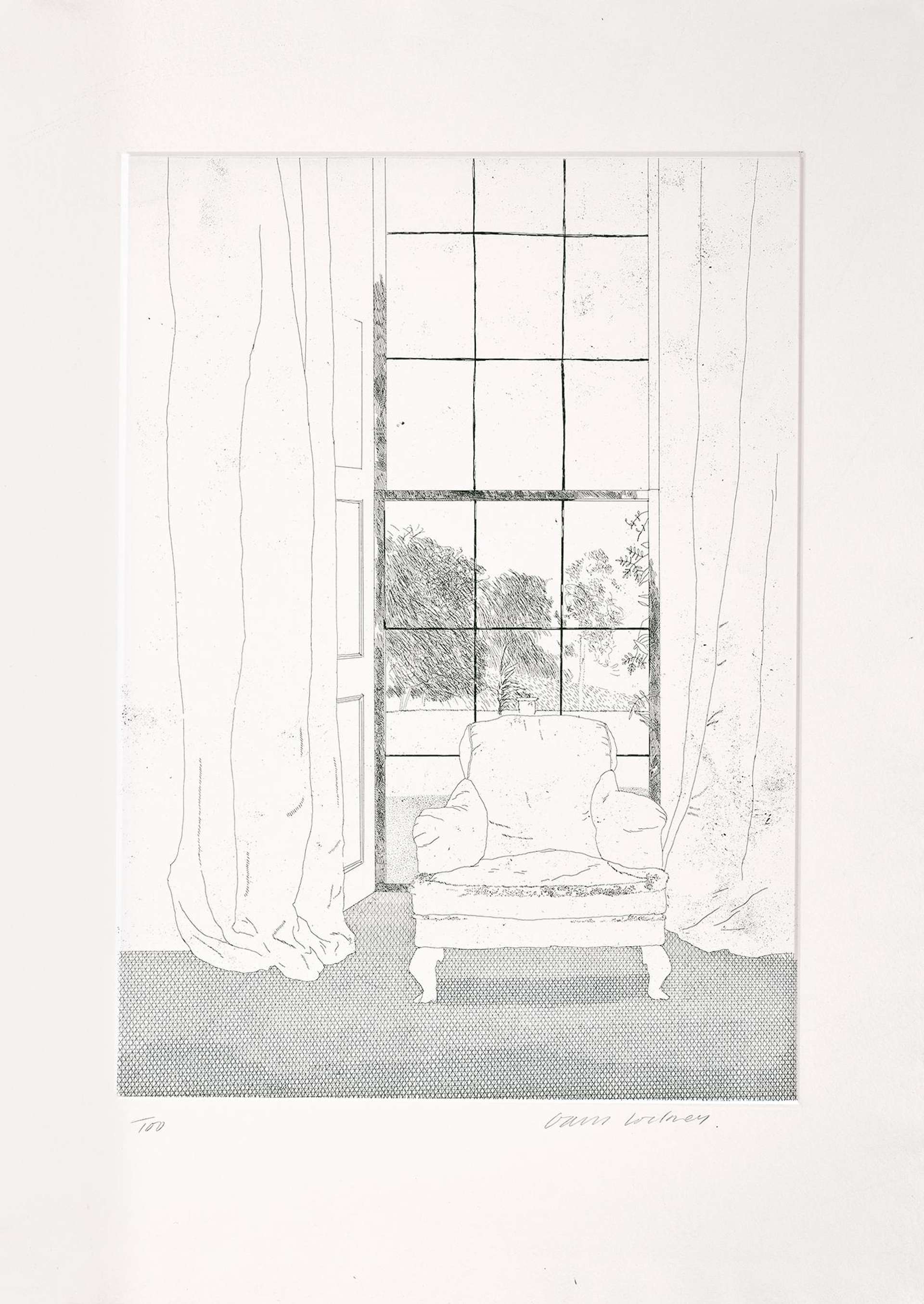 David Hockney’s Home. A black and white etching of a cushioned chair in front of a window with drapes drawn beside it.