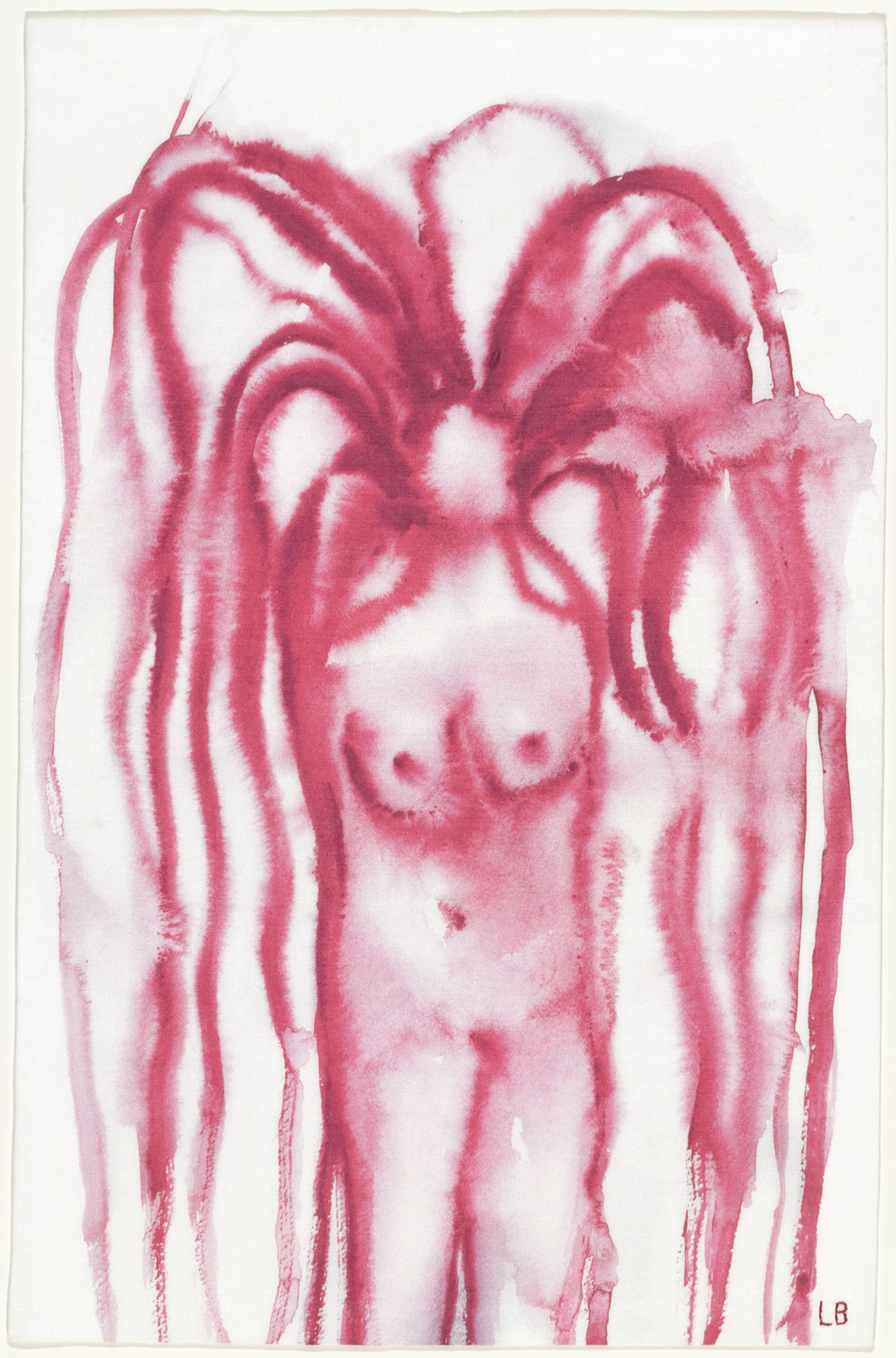 A print of Louise Bourgeois’ Girl With Hair. A nude woman’s figure with strands of hair that stands up and away from the face, long enough to cover the woman’s length of her body. She is painted with a monochromatic style in the colour red.