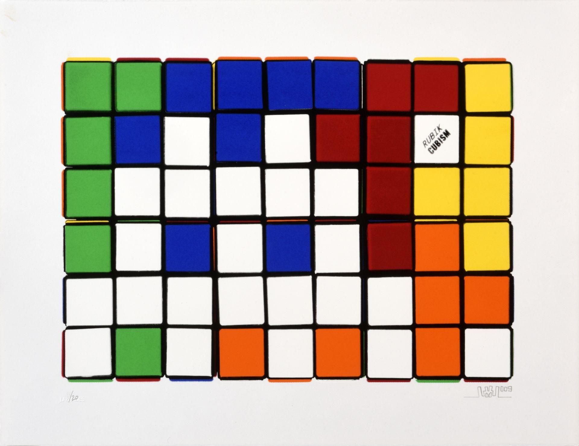 Invader 6 Cubes (blue and yellow) (Signed Print) 2009